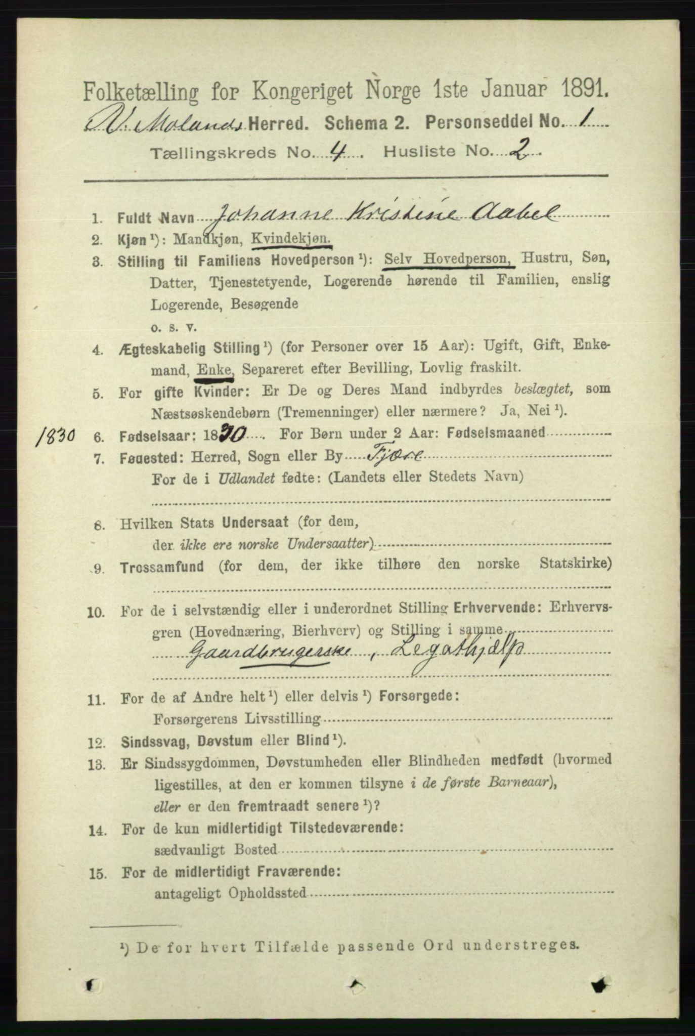 RA, 1891 census for 0926 Vestre Moland, 1891, p. 1233