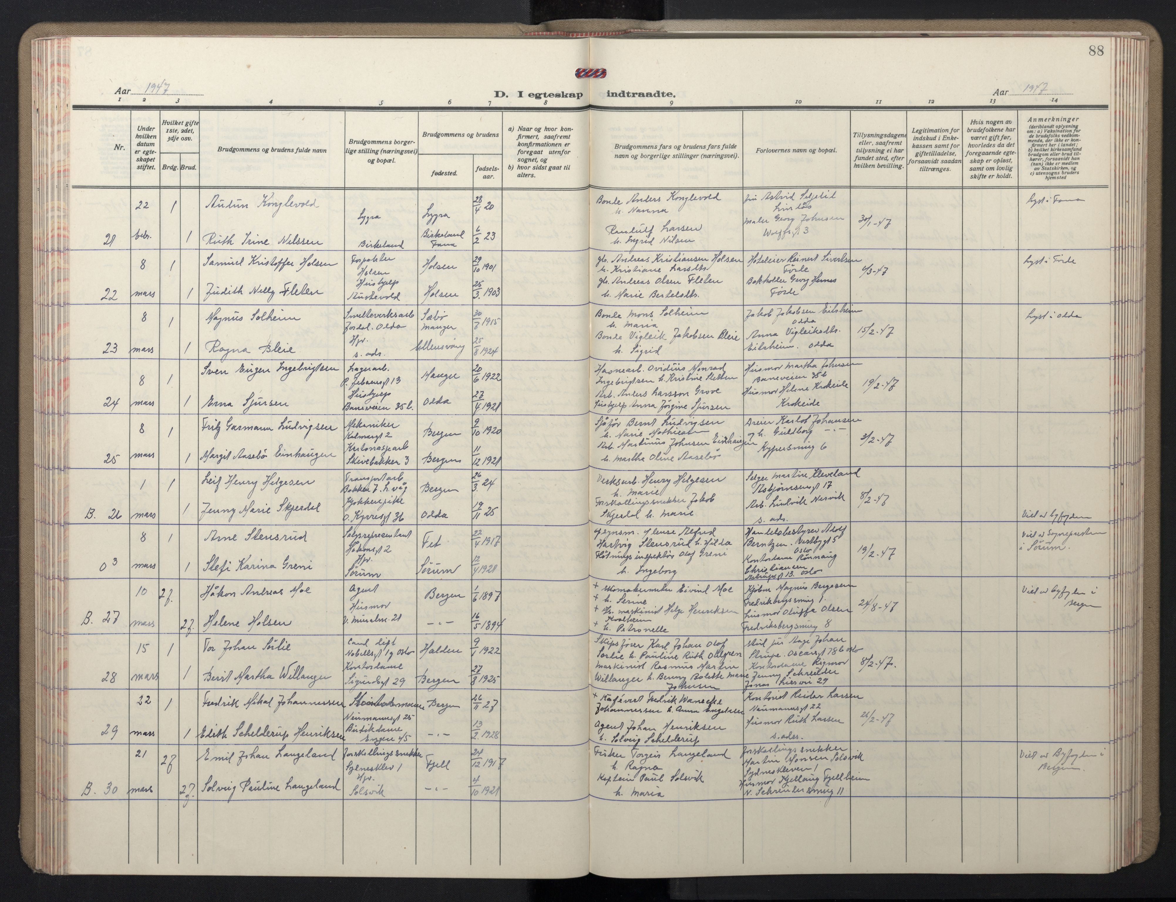 Domkirken sokneprestembete, SAB/A-74801/H/Hab/L0035: Parish register (copy) no. D 7, 1941-1953, p. 88