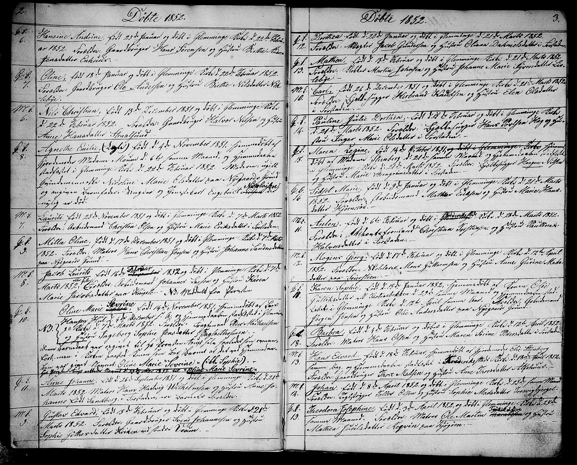 Glemmen prestekontor Kirkebøker, AV/SAO-A-10908/G/Ga/L0003: Parish register (copy) no. 3, 1852-1866, p. 2-3