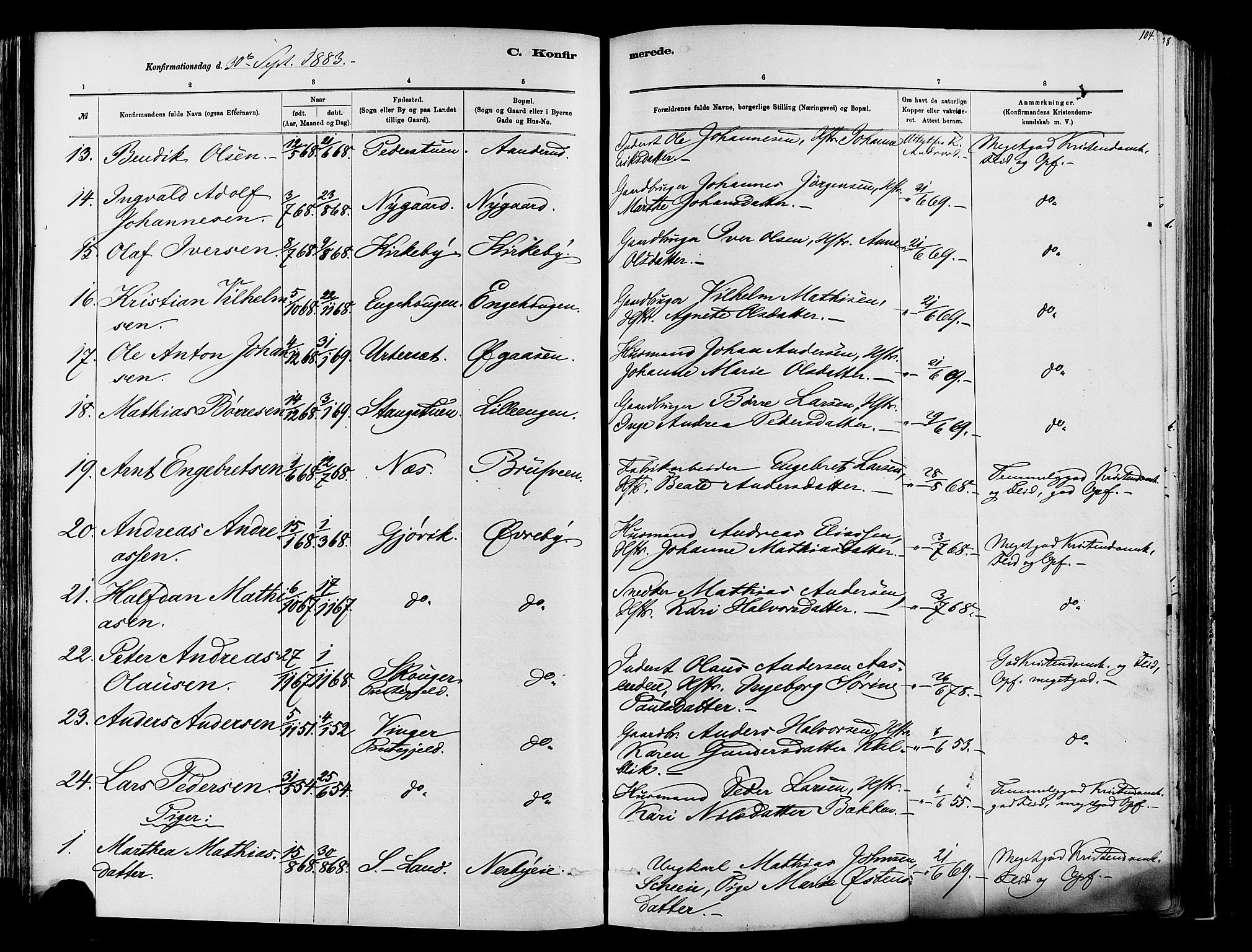 Vardal prestekontor, SAH/PREST-100/H/Ha/Haa/L0009: Parish register (official) no. 9, 1878-1892, p. 104