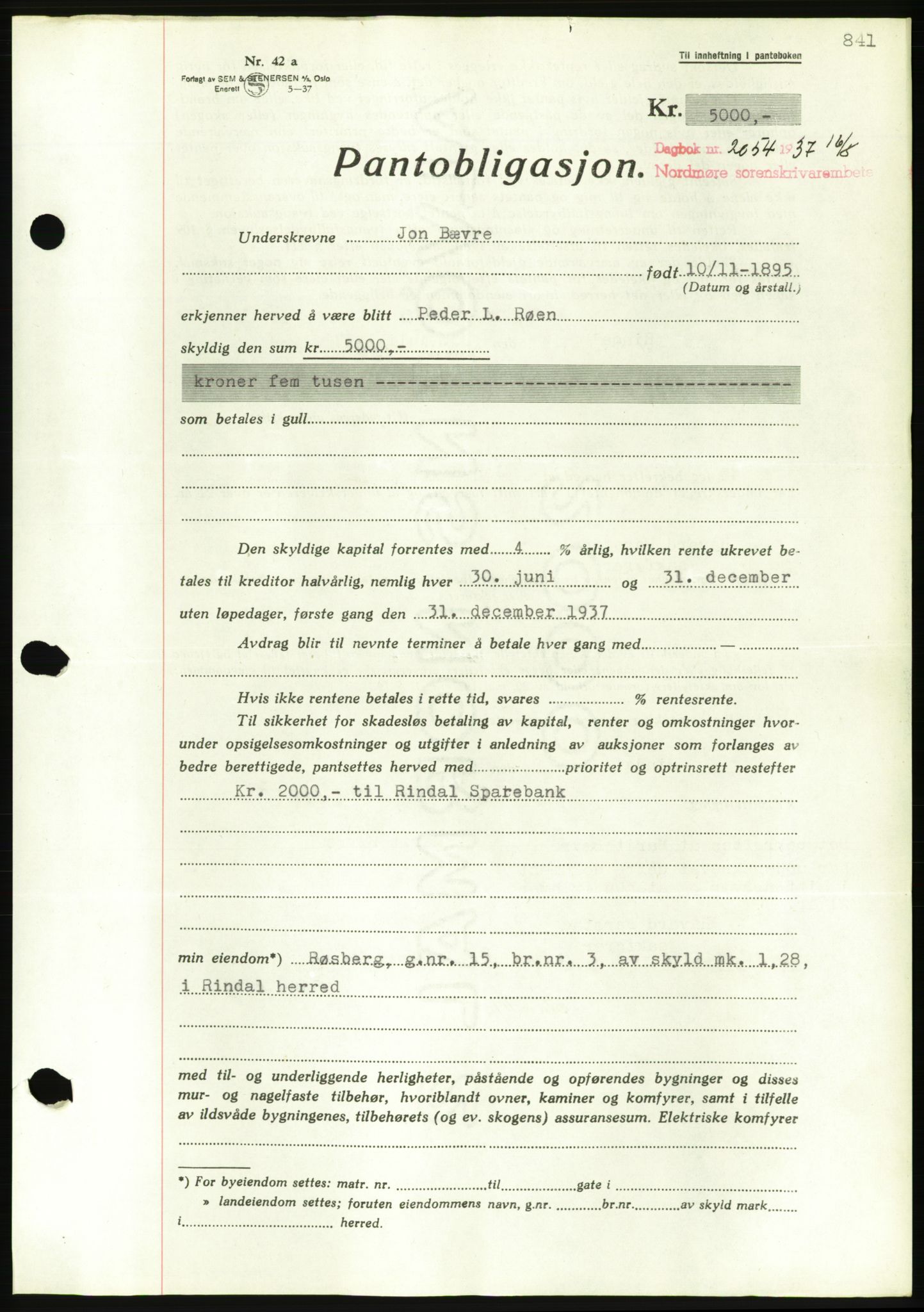 Nordmøre sorenskriveri, AV/SAT-A-4132/1/2/2Ca/L0091: Mortgage book no. B81, 1937-1937, Diary no: : 2054/1937