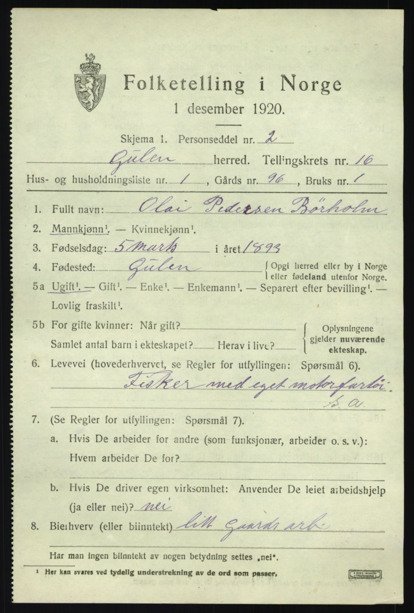 SAB, 1920 census for Gulen, 1920, p. 7167