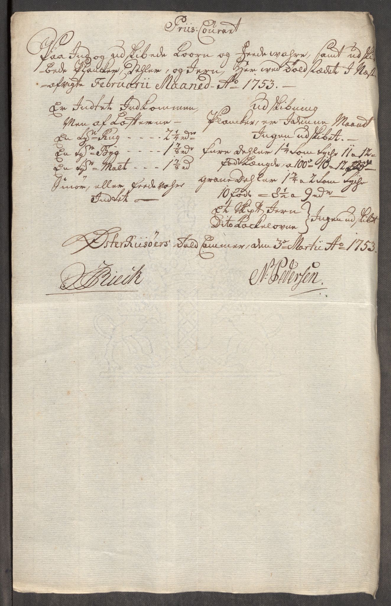 Rentekammeret inntil 1814, Realistisk ordnet avdeling, AV/RA-EA-4070/Oe/L0005: [Ø1]: Priskuranter, 1753-1757, p. 118