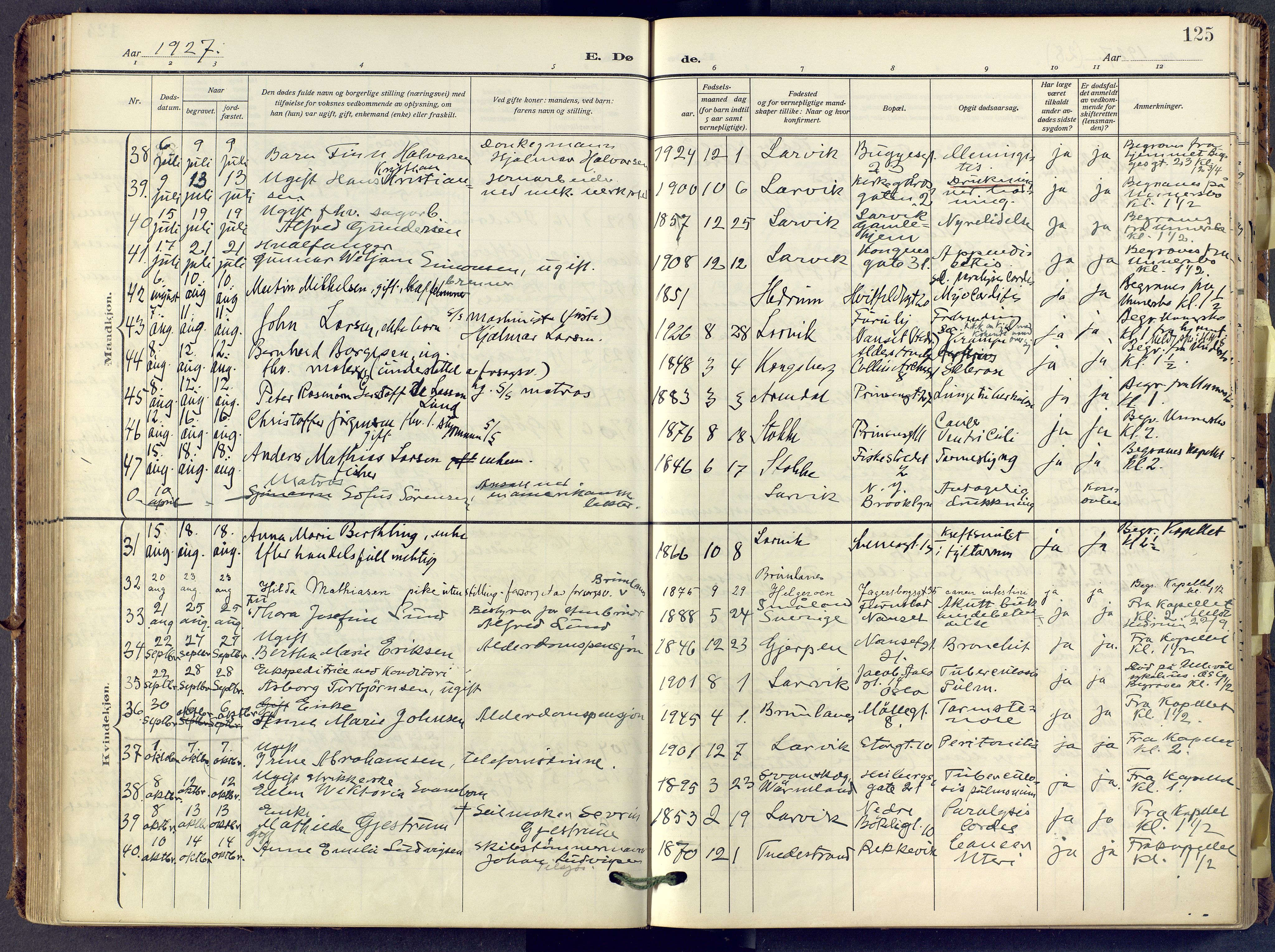 Larvik kirkebøker, SAKO/A-352/F/Fa/L0013: Parish register (official) no. I 13, 1910-1960, p. 125