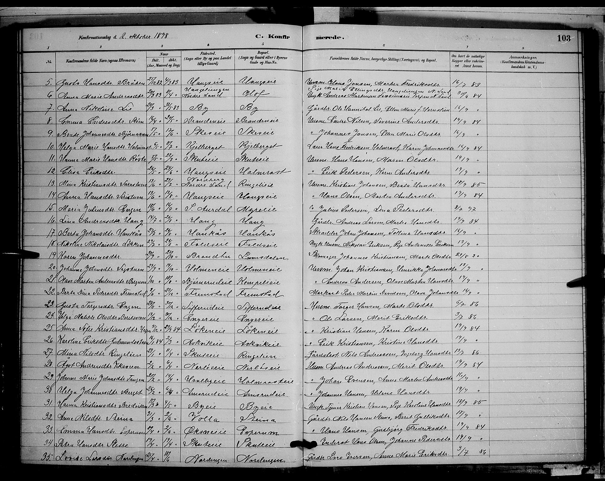 Søndre Land prestekontor, AV/SAH-PREST-122/L/L0002: Parish register (copy) no. 2, 1884-1900, p. 103