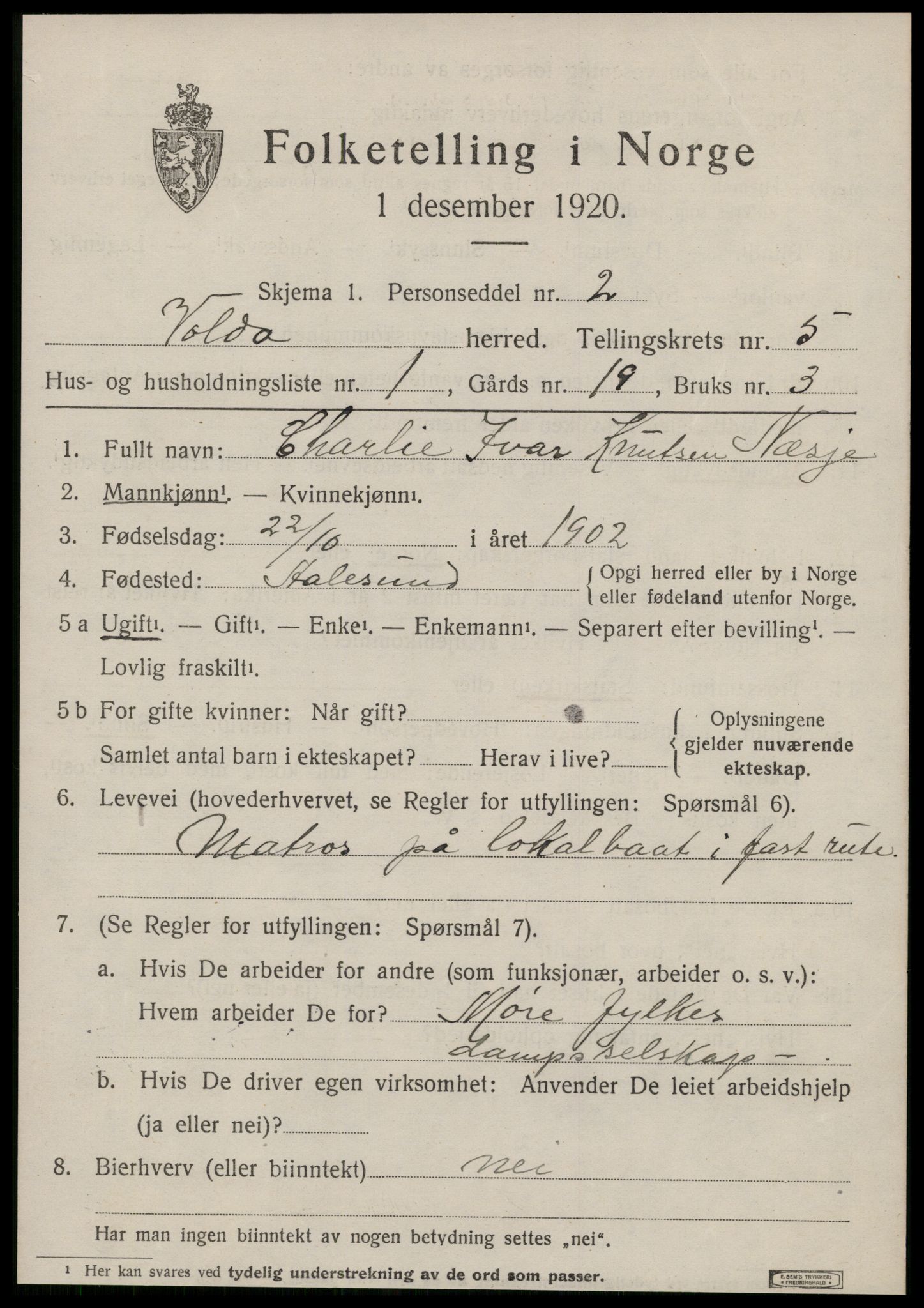 SAT, 1920 census for Volda, 1920, p. 3692