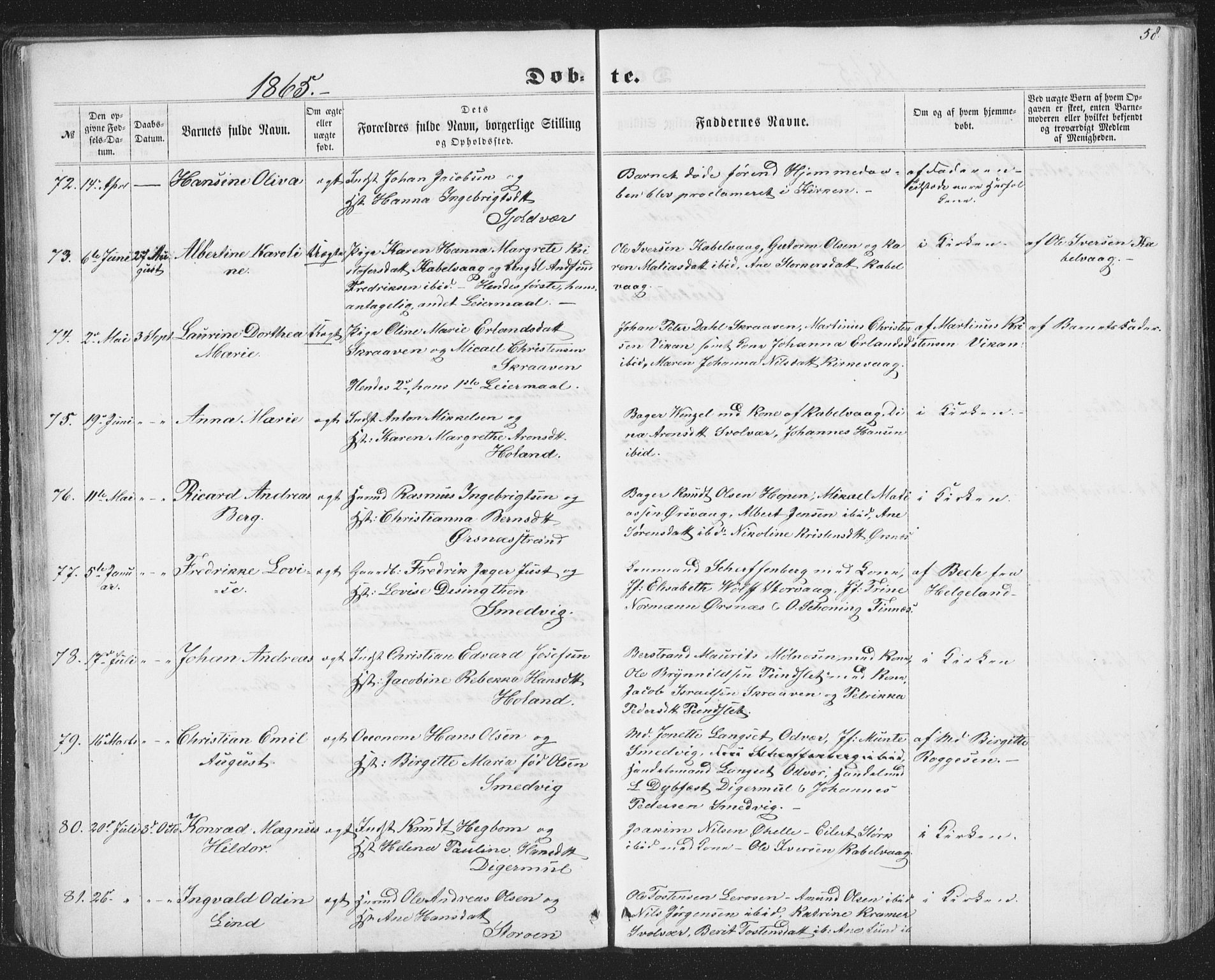 Ministerialprotokoller, klokkerbøker og fødselsregistre - Nordland, AV/SAT-A-1459/874/L1073: Parish register (copy) no. 874C02, 1860-1870, p. 58