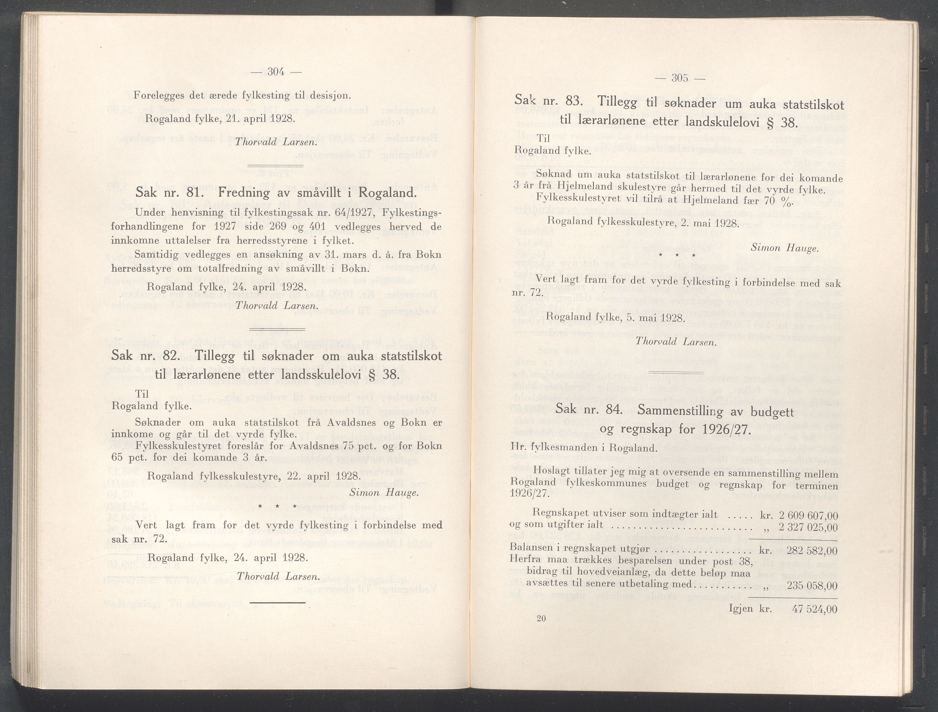 Rogaland fylkeskommune - Fylkesrådmannen , IKAR/A-900/A/Aa/Aaa/L0047: Møtebok , 1928, p. 304-305