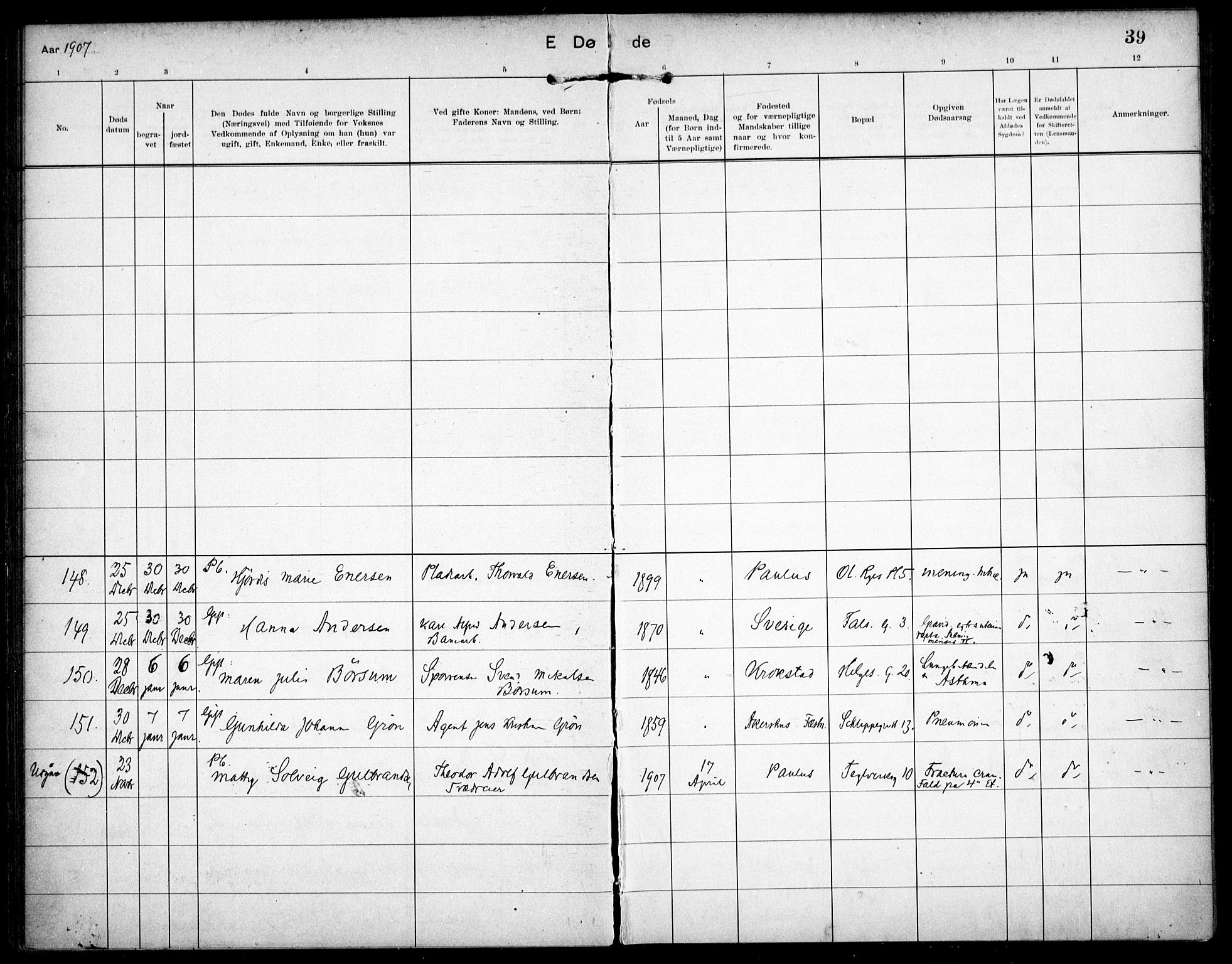 Paulus prestekontor Kirkebøker, AV/SAO-A-10871/F/Fa/L0018: Parish register (official) no. 18, 1906-1915, p. 39