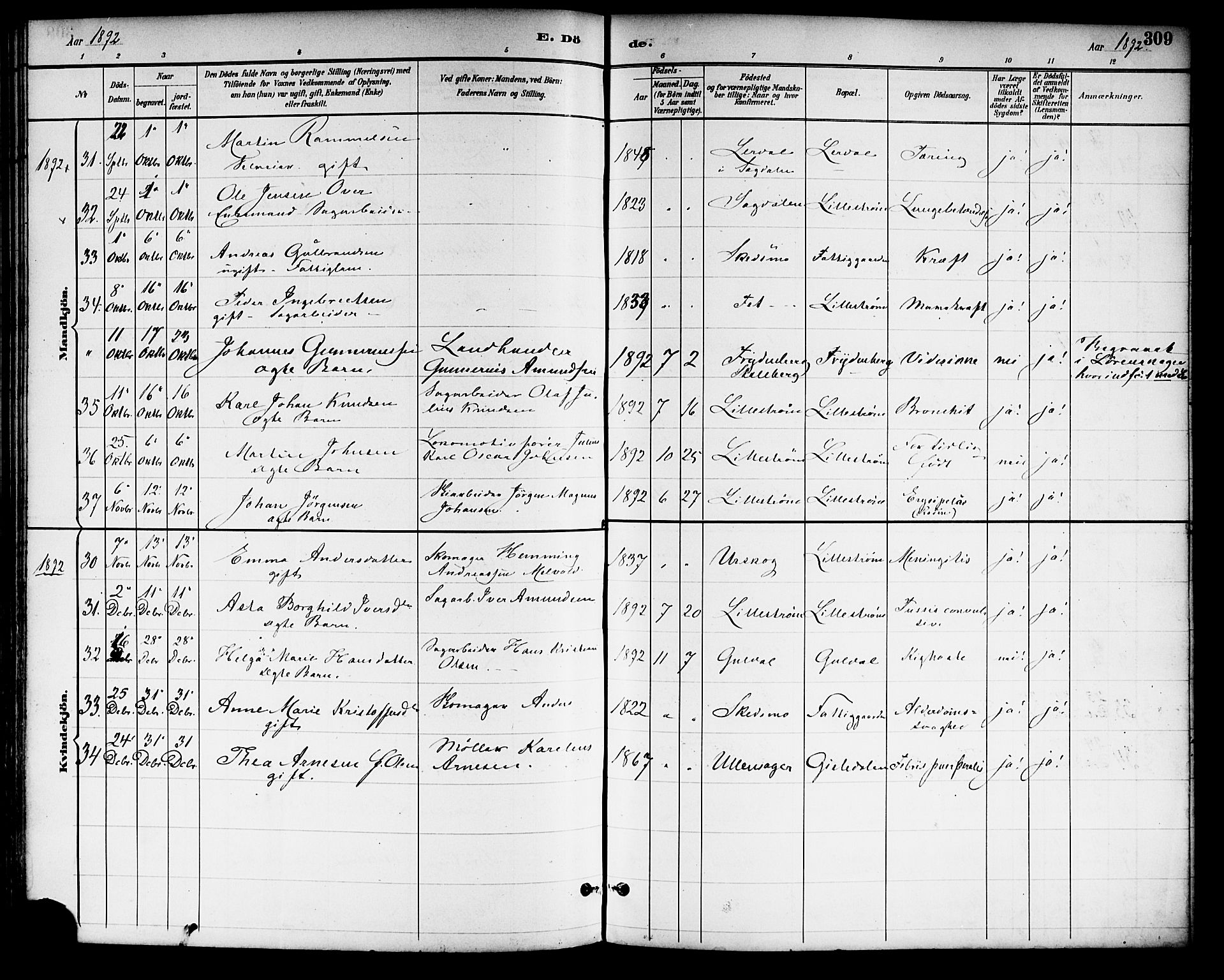Skedsmo prestekontor Kirkebøker, SAO/A-10033a/F/Fa/L0014: Parish register (official) no. I 14, 1892-1901, p. 309