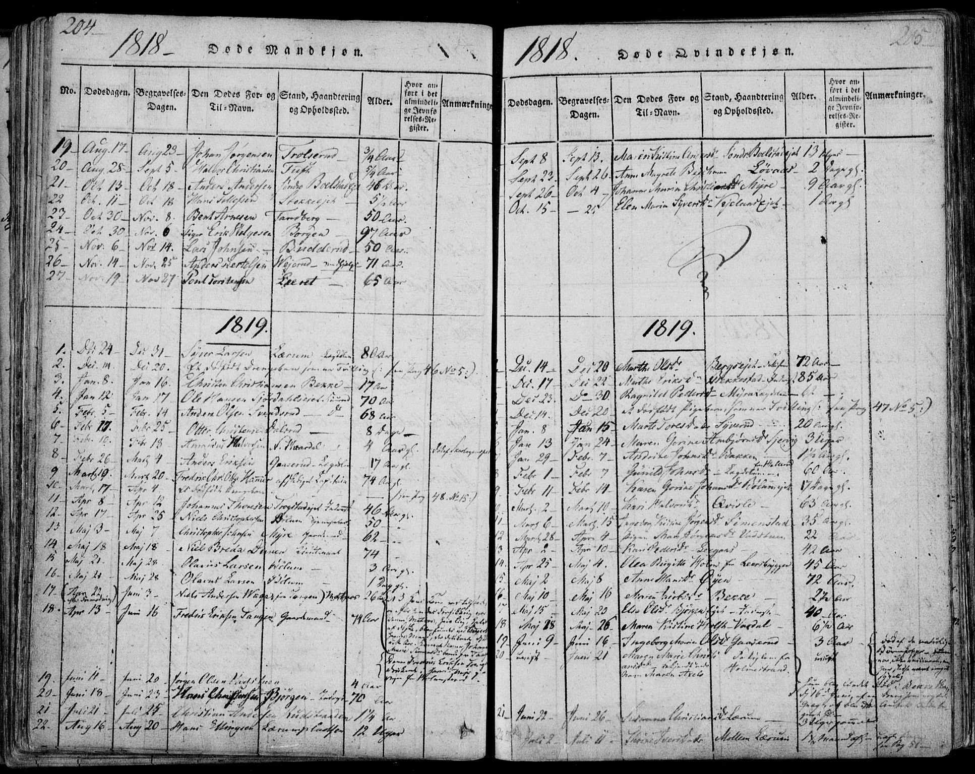 Sande Kirkebøker, SAKO/A-53/F/Fa/L0003: Parish register (official) no. 3, 1814-1847, p. 204-205