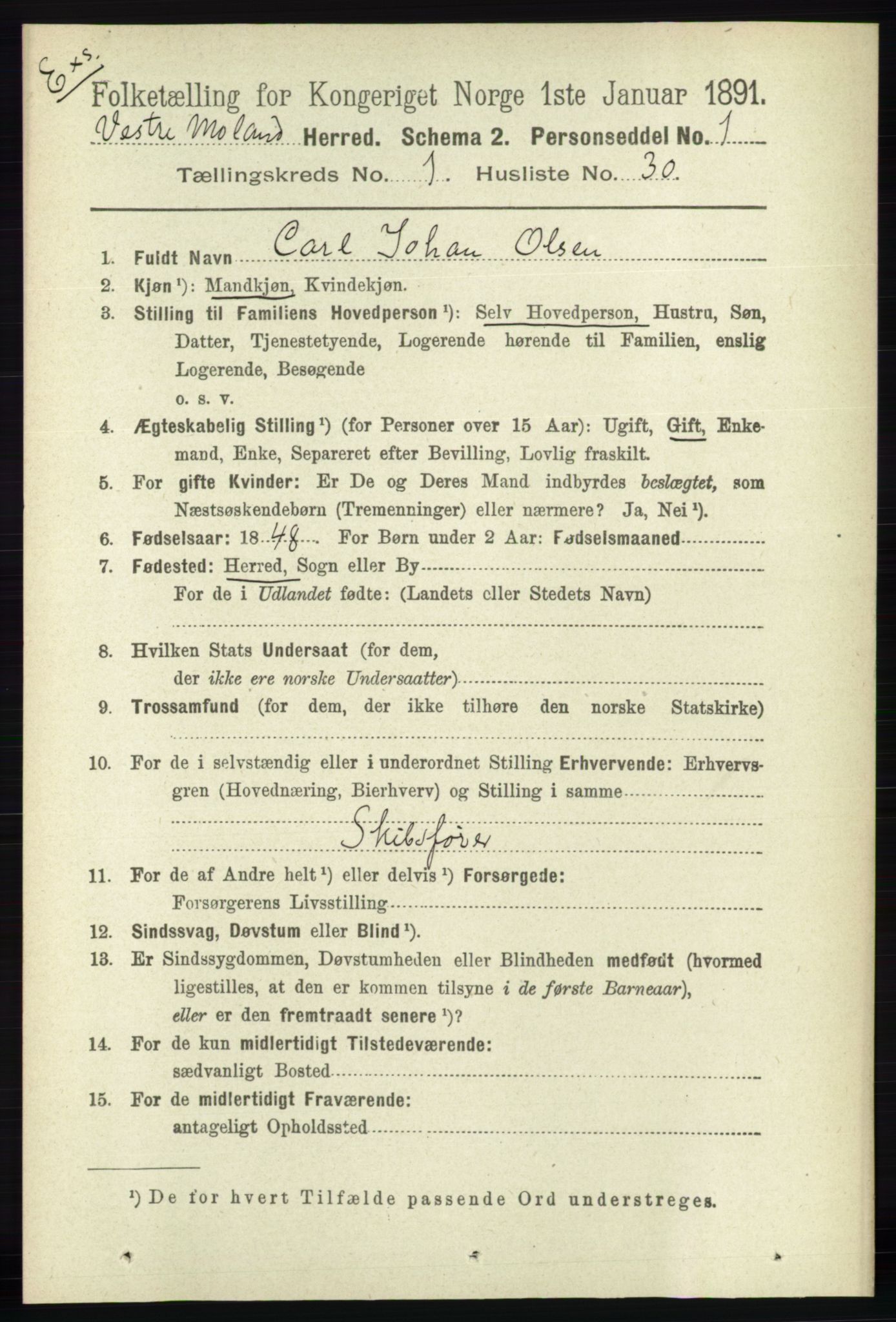 RA, Census 1891 for Nedenes amt: Gjenparter av personsedler for beslektede ektefeller, menn, 1891, p. 794