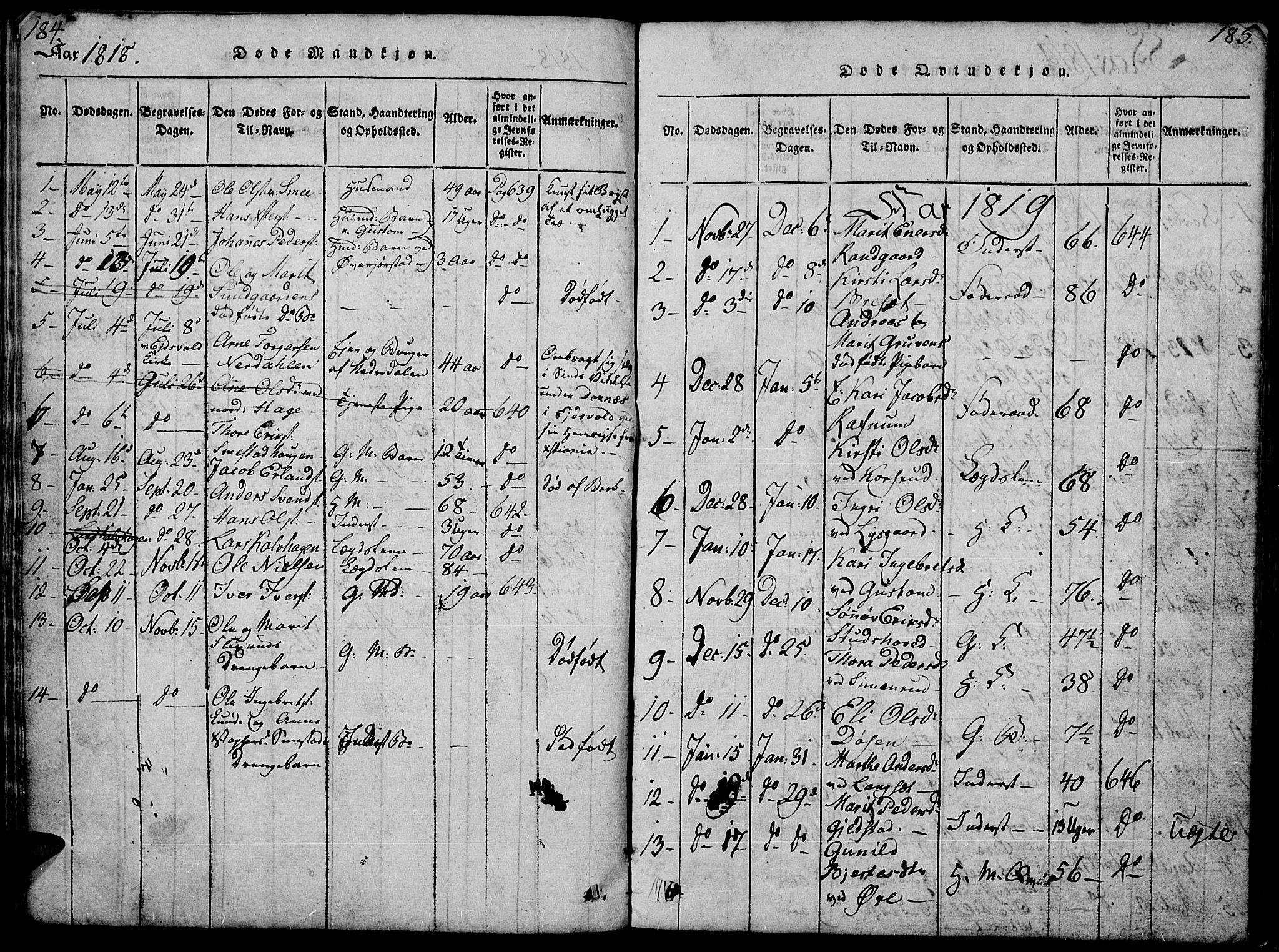 Fåberg prestekontor, SAH/PREST-086/H/Ha/Hab/L0004: Parish register (copy) no. 4, 1818-1837, p. 184-185