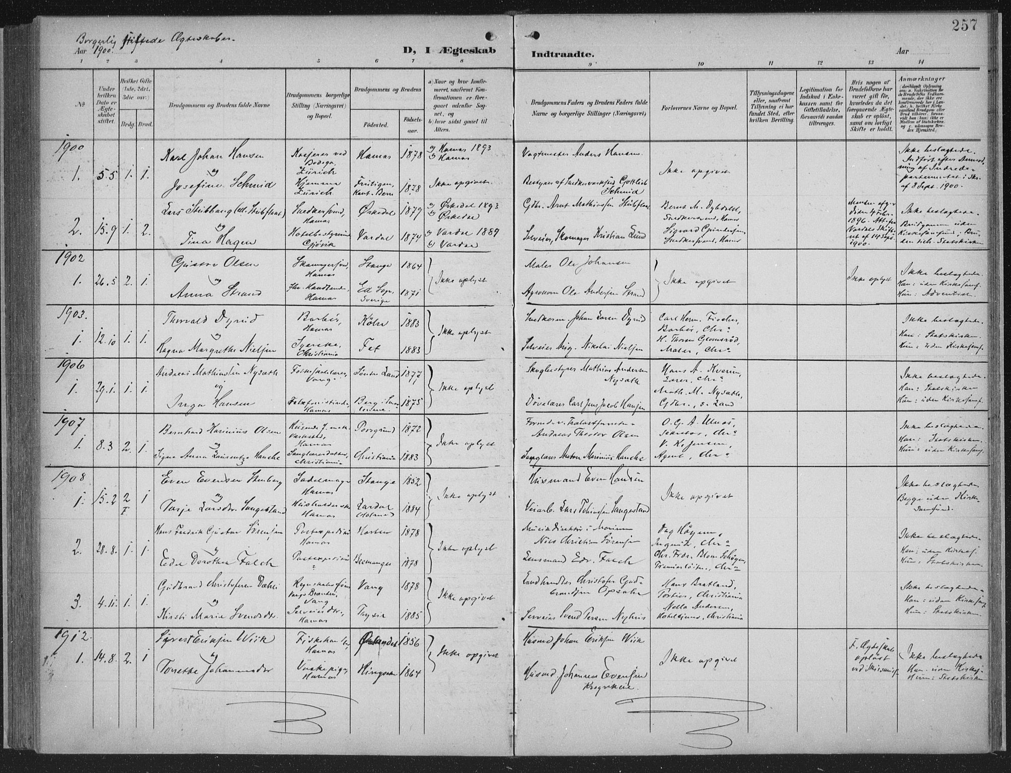 Hamar prestekontor, AV/SAH-DOMPH-002/H/Ha/Haa/L0001: Parish register (official) no. 1, 1900-1914, p. 257