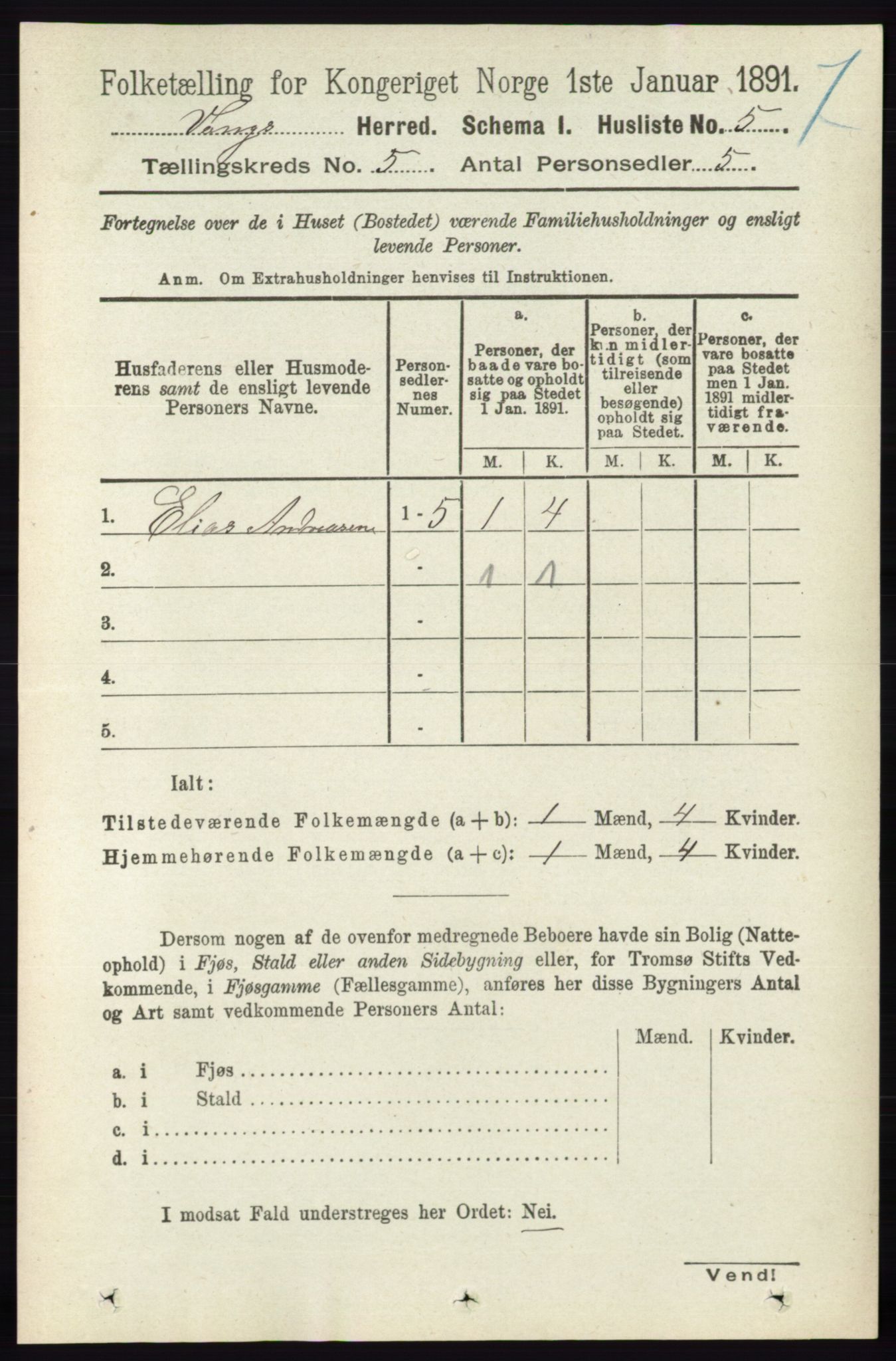 RA, 1891 census for 0414 Vang, 1891, p. 3389