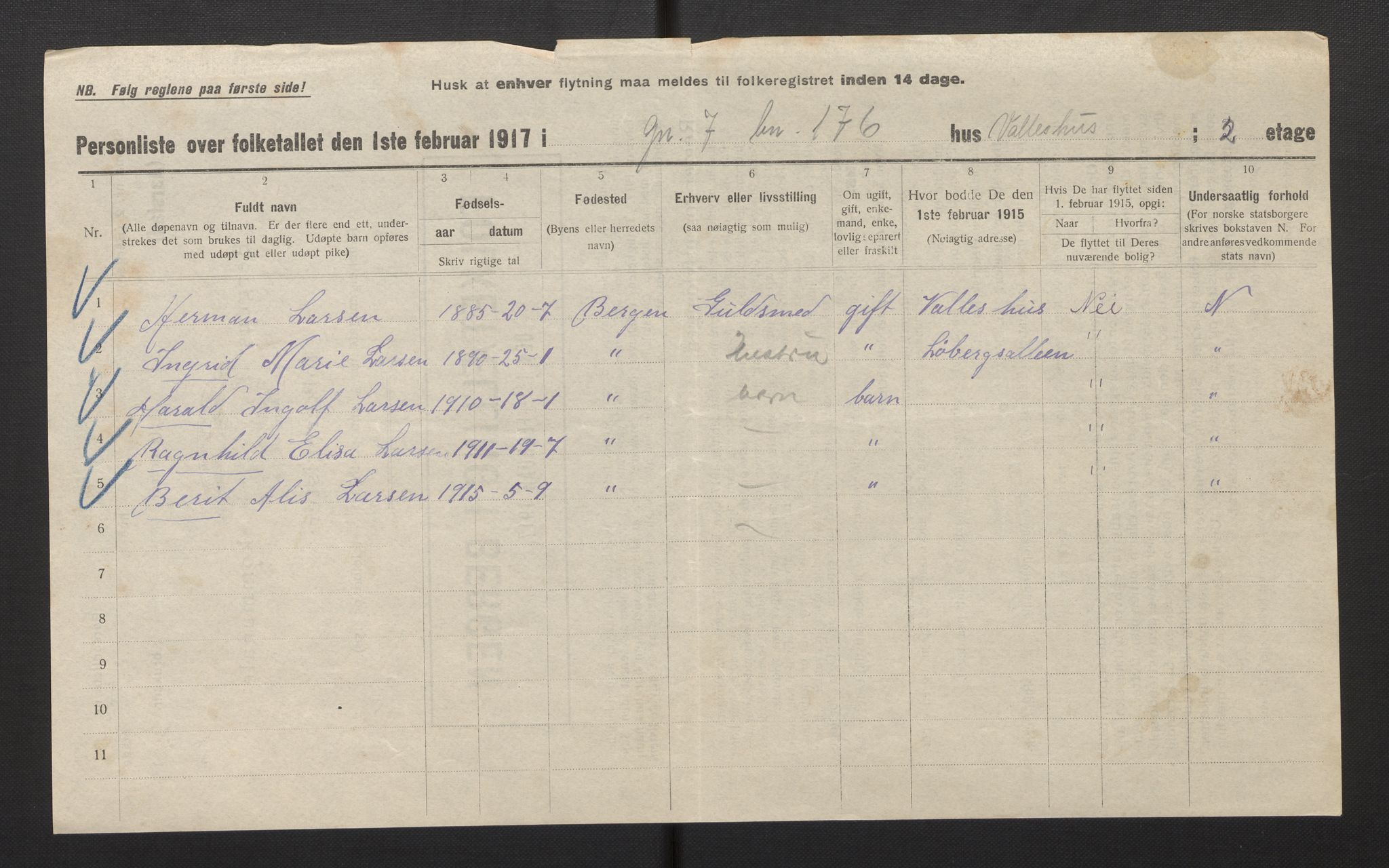 SAB, Municipal Census 1917 for Bergen, 1917, p. 49488