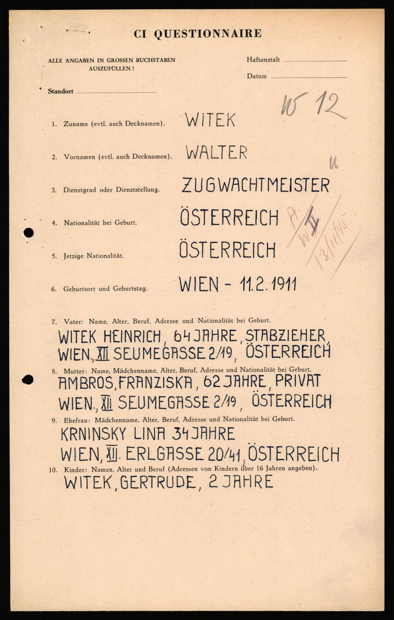 Forsvaret, Forsvarets overkommando II, AV/RA-RAFA-3915/D/Db/L0040: CI Questionaires. Tyske okkupasjonsstyrker i Norge. Østerrikere., 1945-1946, p. 424