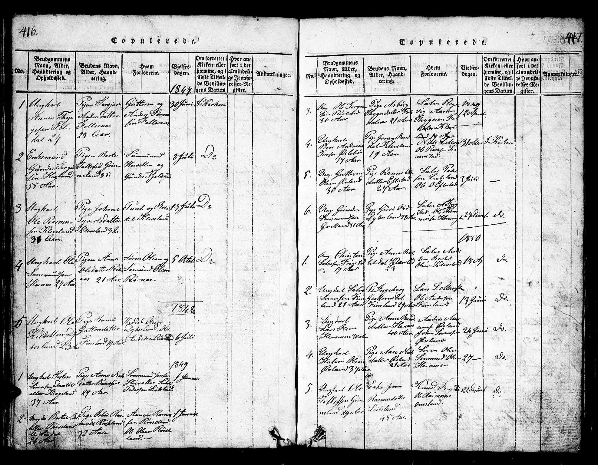 Bjelland sokneprestkontor, AV/SAK-1111-0005/F/Fb/Fbb/L0003: Parish register (copy) no. B 3, 1816-1868, p. 416-417