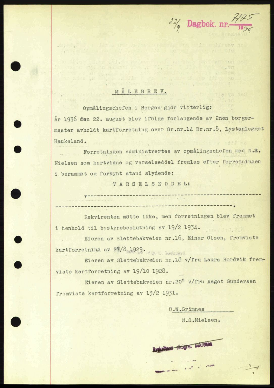 Byfogd og Byskriver i Bergen, AV/SAB-A-3401/03/03Bc/L0003: Mortgage book no. A2-3, 1936-1936, Diary no: : 7175/1936