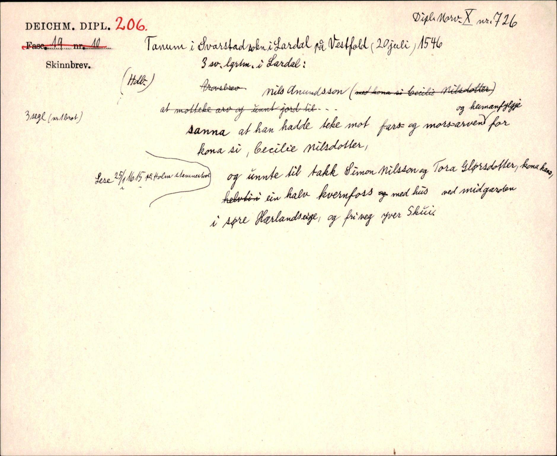 Riksarkivets diplomsamling, AV/RA-EA-5965/F35/F35j/L0001: Regestsedler: Deichmanske diplomer nr. 1-450, p. 427