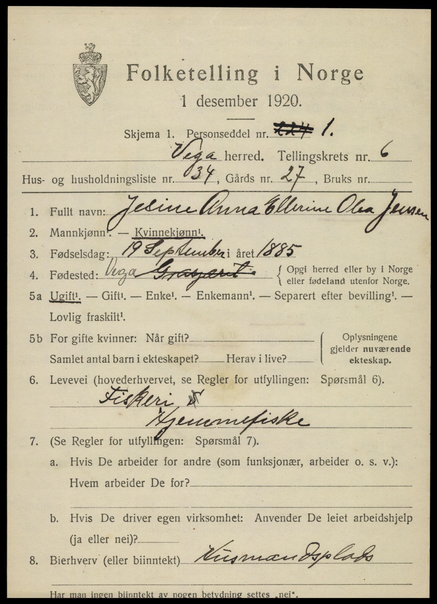 SAT, 1920 census for Vega, 1920, p. 3405