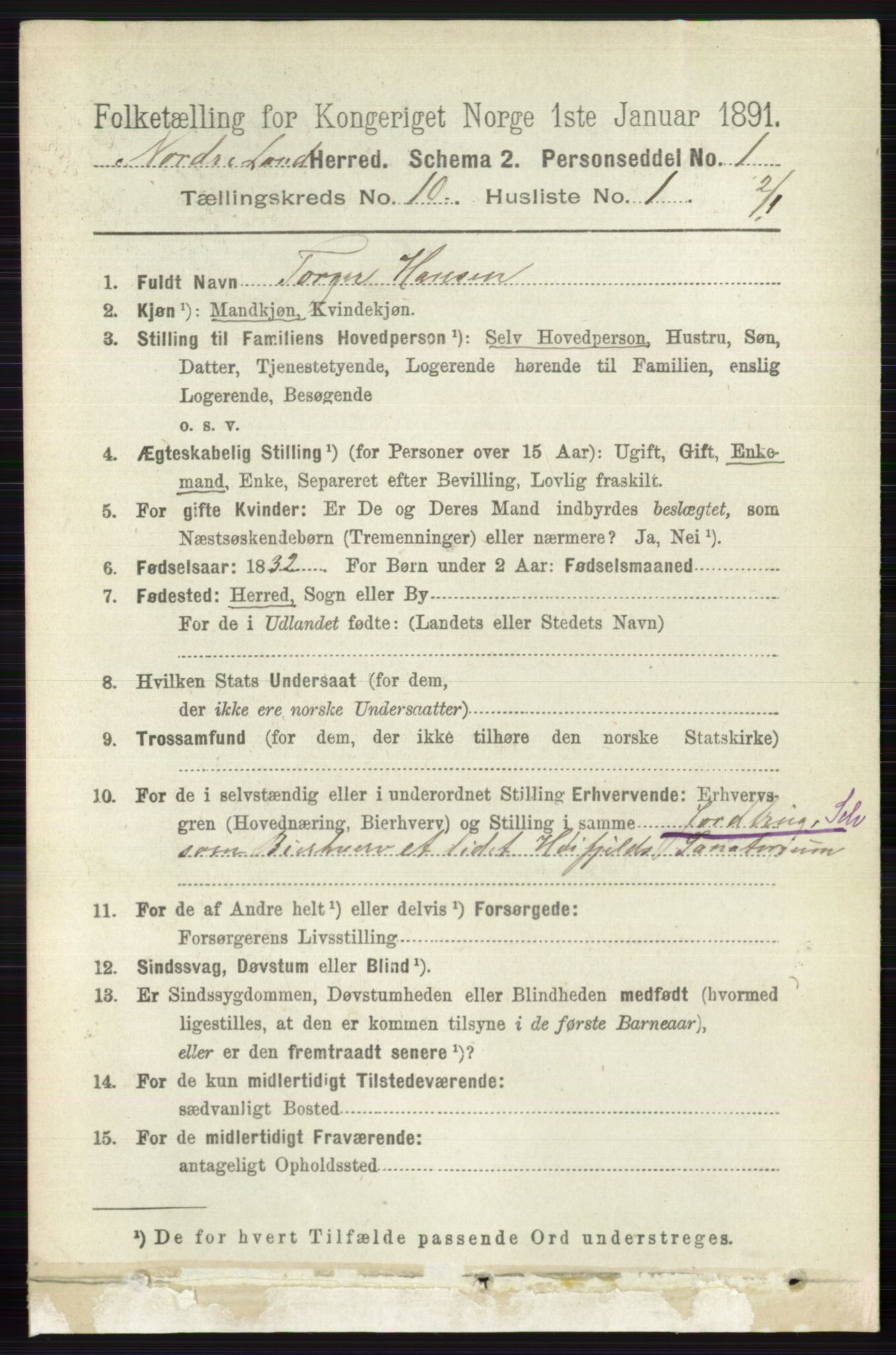 RA, 1891 census for 0538 Nordre Land, 1891, p. 2805