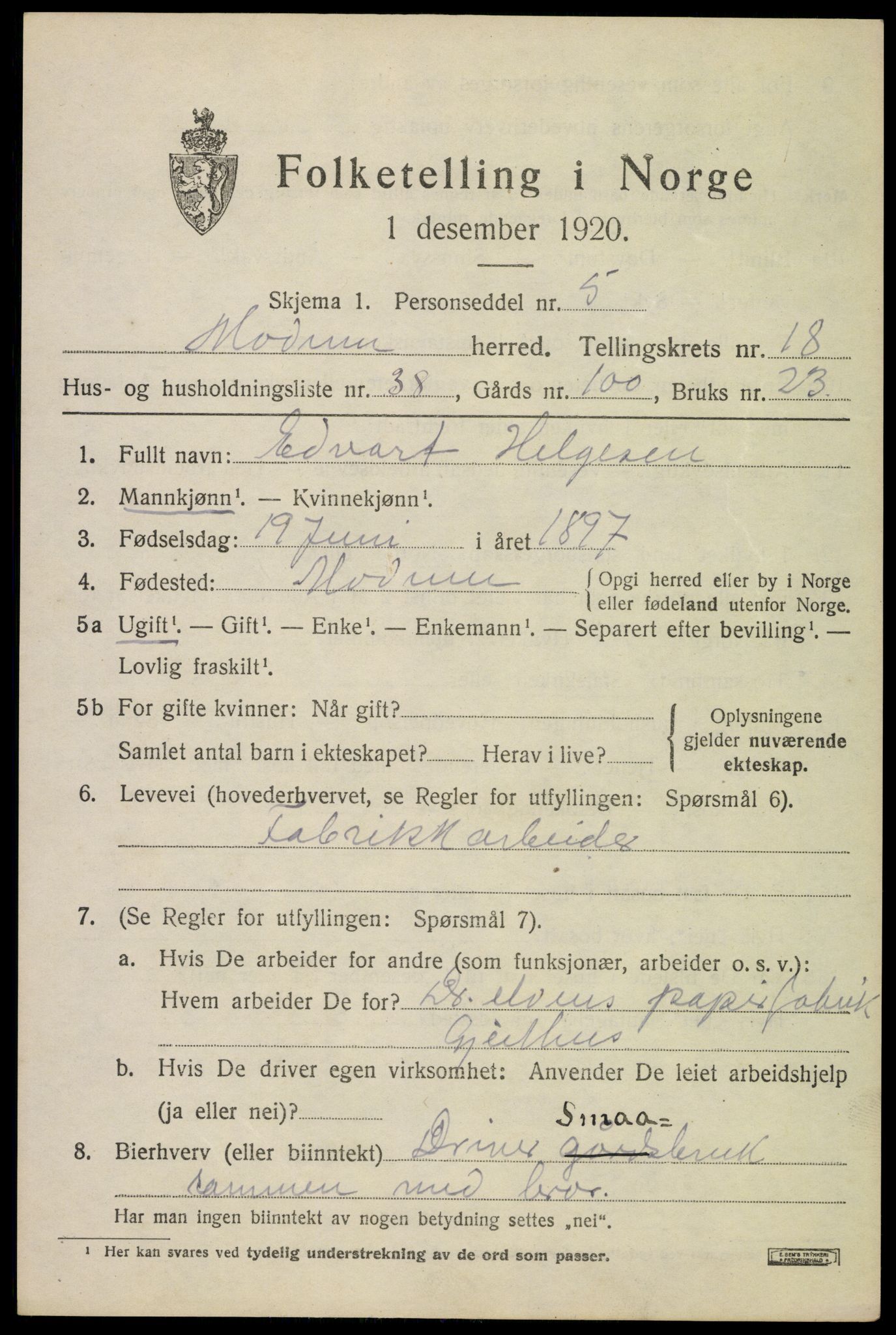 SAKO, 1920 census for Modum, 1920, p. 21327