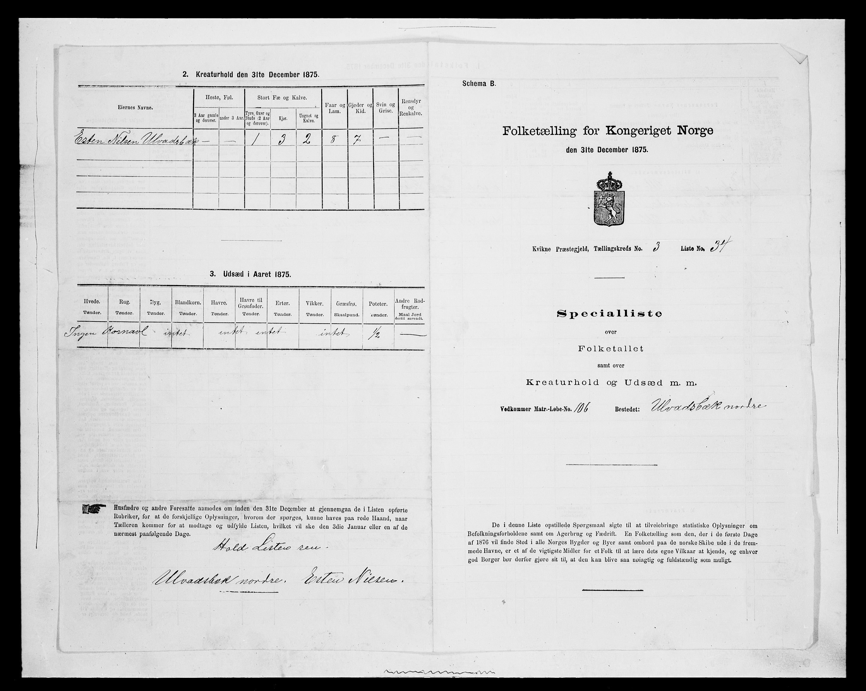 SAH, 1875 census for 0440P Kvikne, 1875, p. 332