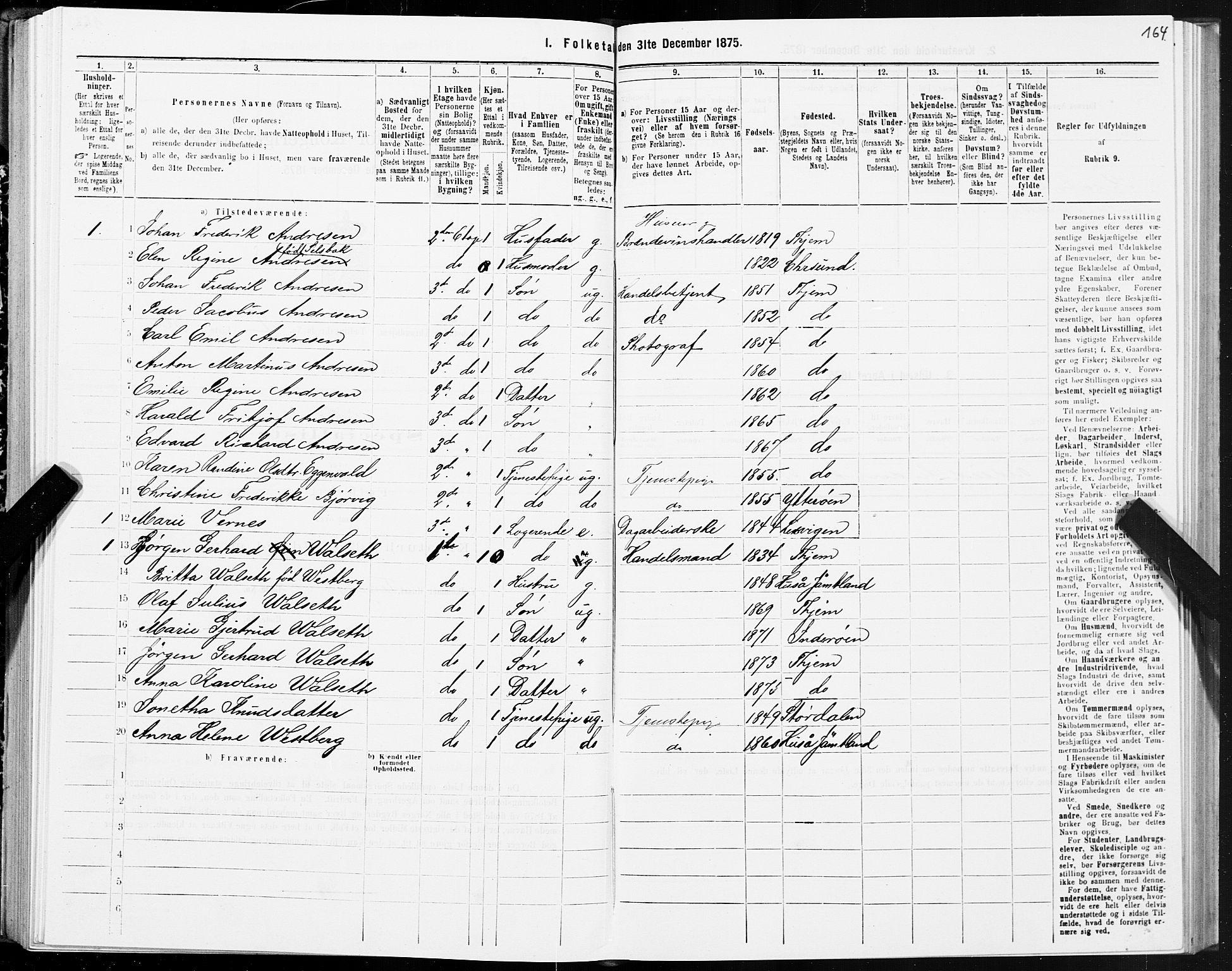 SAT, 1875 census for 1601 Trondheim, 1875, p. 2164