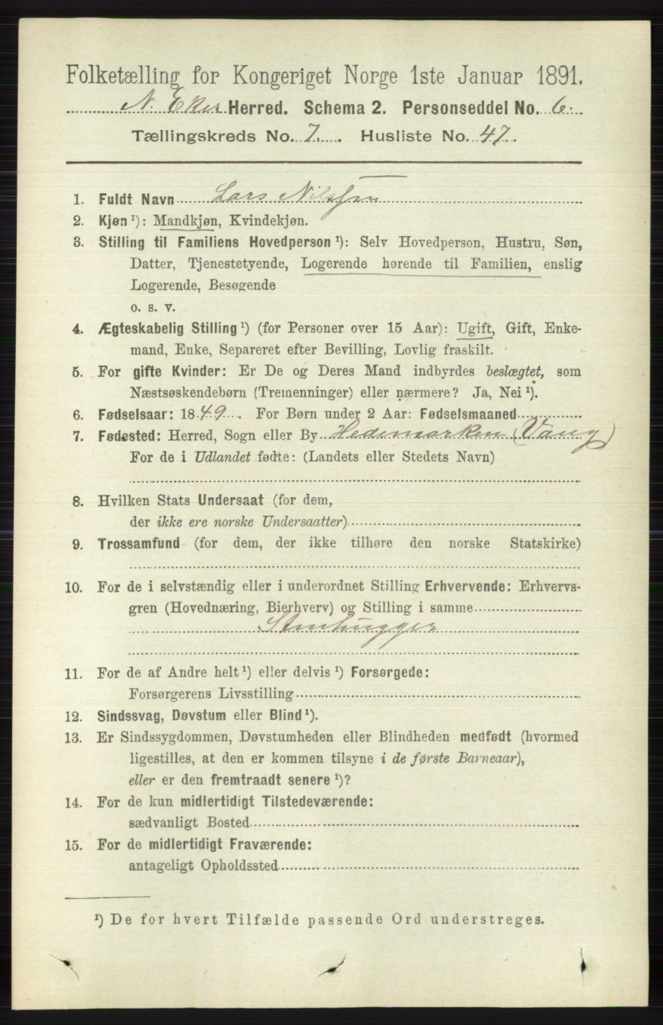 RA, 1891 census for 0625 Nedre Eiker, 1891, p. 3739