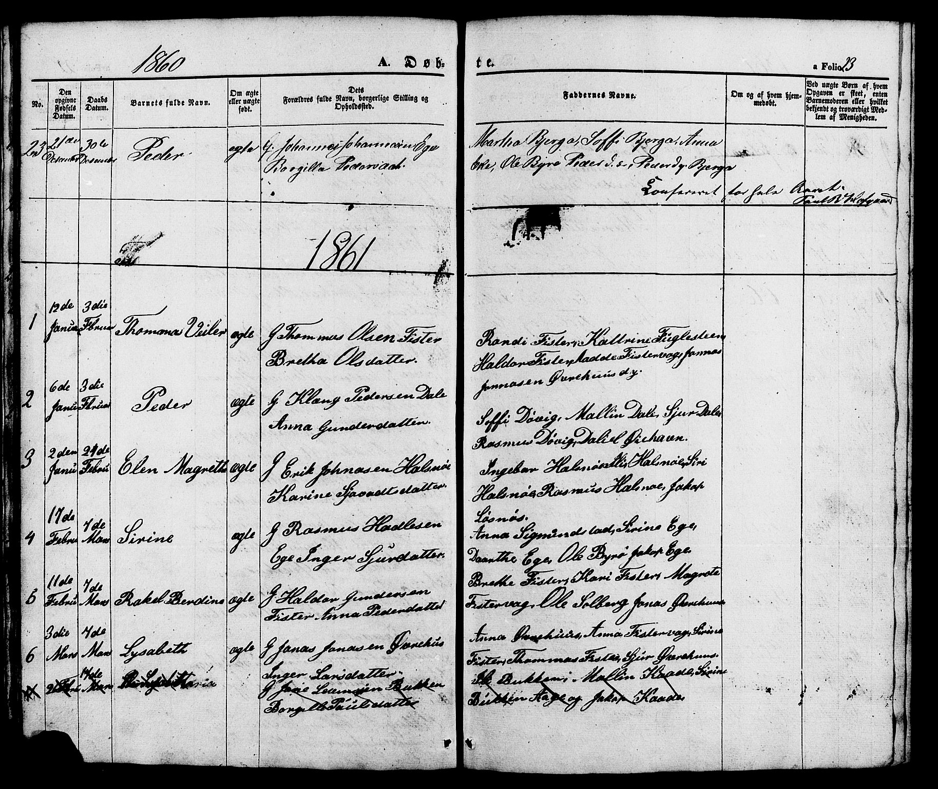 Hjelmeland sokneprestkontor, SAST/A-101843/01/V/L0005: Parish register (copy) no. B 5, 1853-1892, p. 23