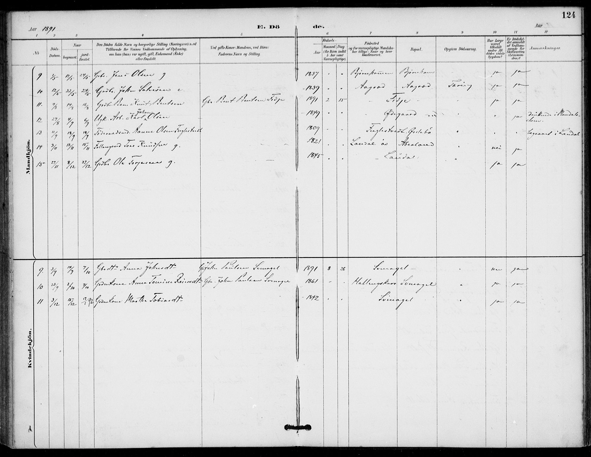 Holum sokneprestkontor, SAK/1111-0022/F/Fa/Fab/L0007: Parish register (official) no. A 7, 1887-1912, p. 124