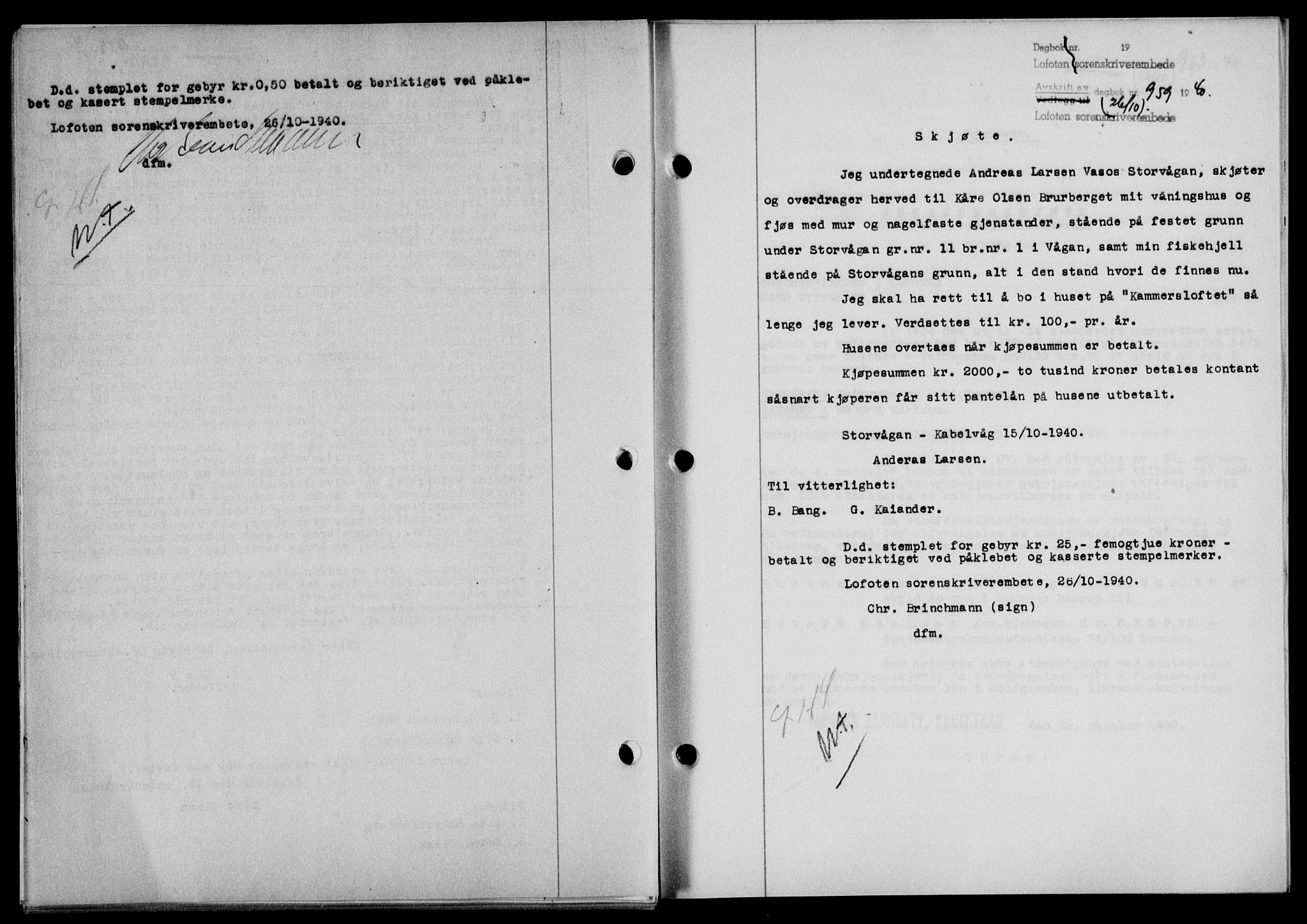 Lofoten sorenskriveri, SAT/A-0017/1/2/2C/L0007a: Mortgage book no. 7a, 1939-1940, Diary no: : 959/1940