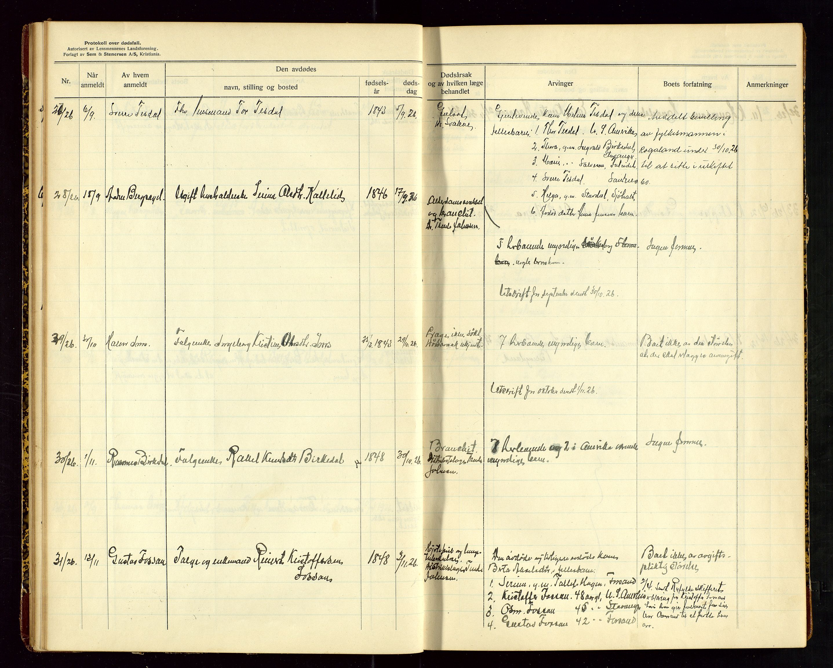 Høle og Forsand lensmannskontor, SAST/A-100127/Gga/L0004: "Protokoll over anmeldte dødsfall i Høle og Forsand lensmannsdistrikt", 1925-1934