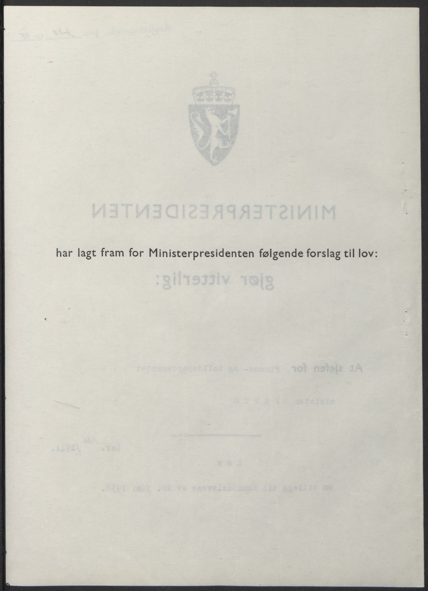 NS-administrasjonen 1940-1945 (Statsrådsekretariatet, de kommisariske statsråder mm), AV/RA-S-4279/D/Db/L0100: Lover, 1944, p. 656