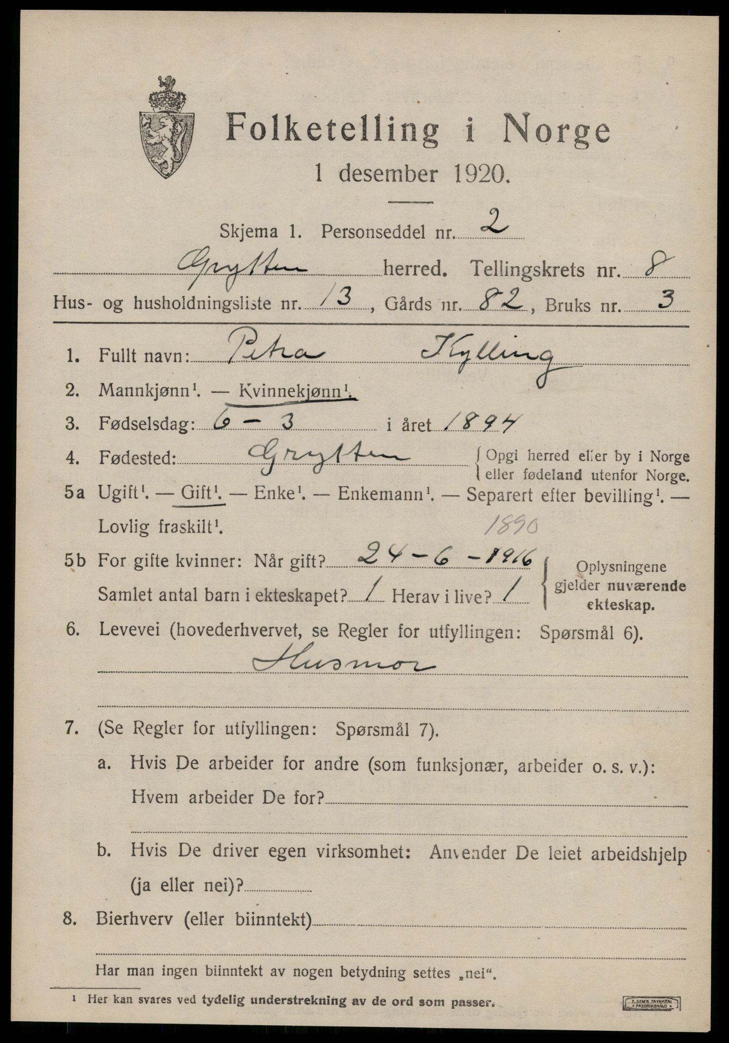 SAT, 1920 census for Grytten, 1920, p. 6122