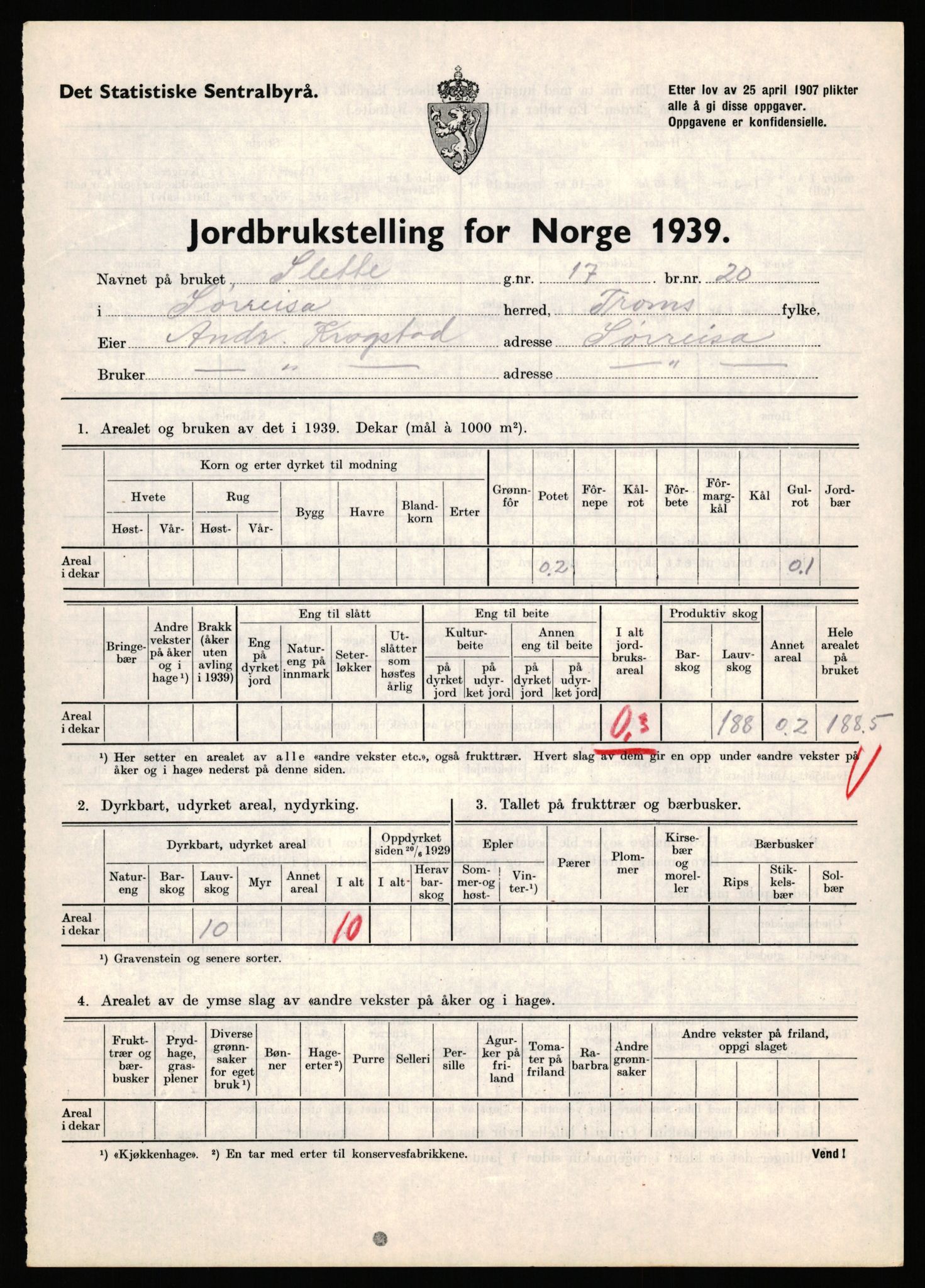 Statistisk sentralbyrå, Næringsøkonomiske emner, Jordbruk, skogbruk, jakt, fiske og fangst, AV/RA-S-2234/G/Gb/L0341: Troms: Sørreisa og Tranøy, 1939, p. 36