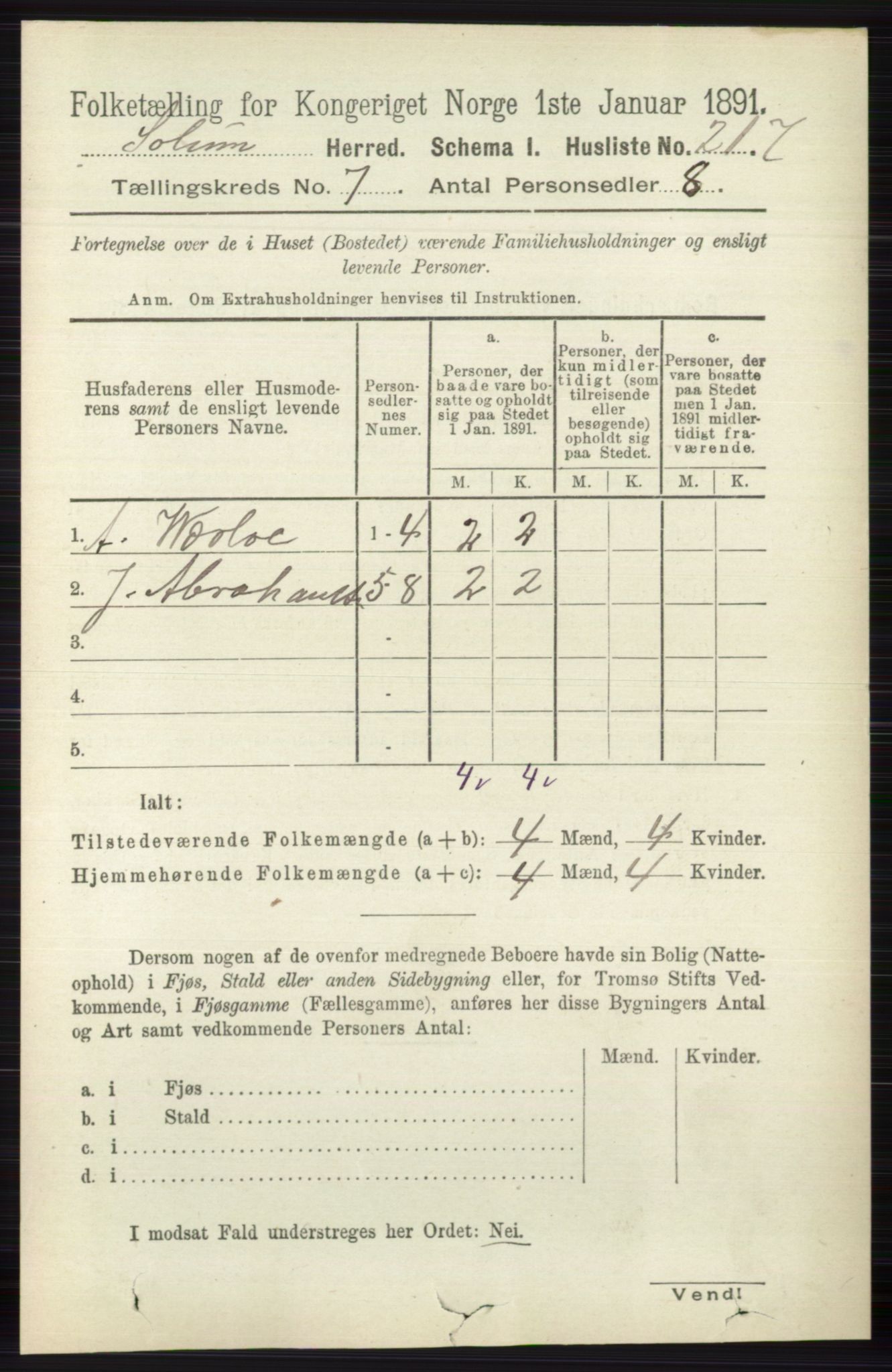 RA, 1891 census for 0818 Solum, 1891, p. 2706