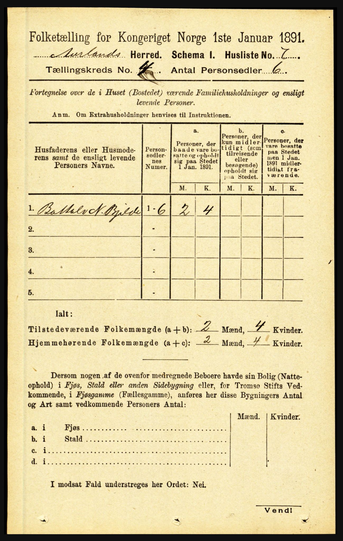 RA, 1891 census for 1421 Aurland, 1891, p. 1291