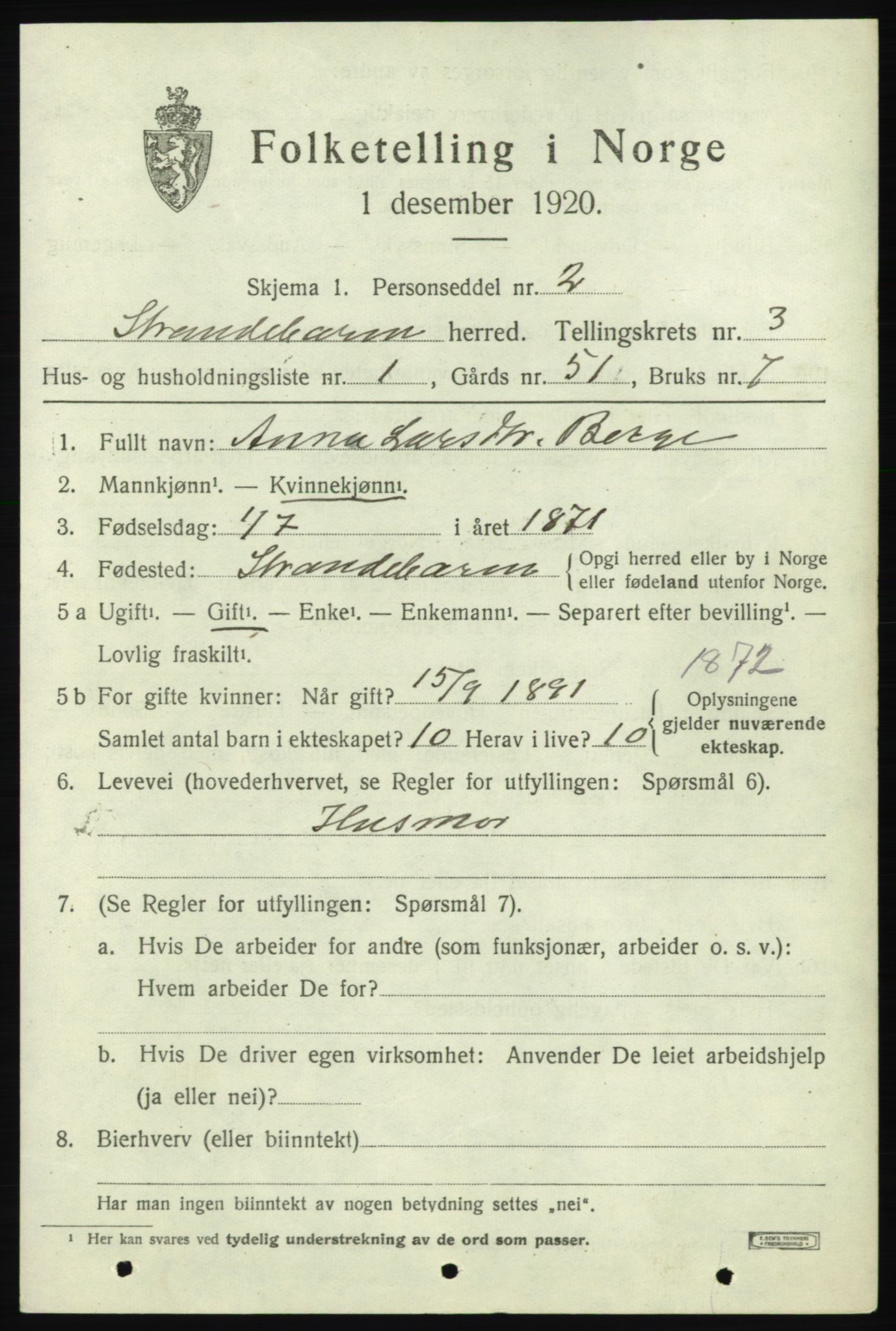 SAB, 1920 census for Strandebarm, 1920, p. 2618