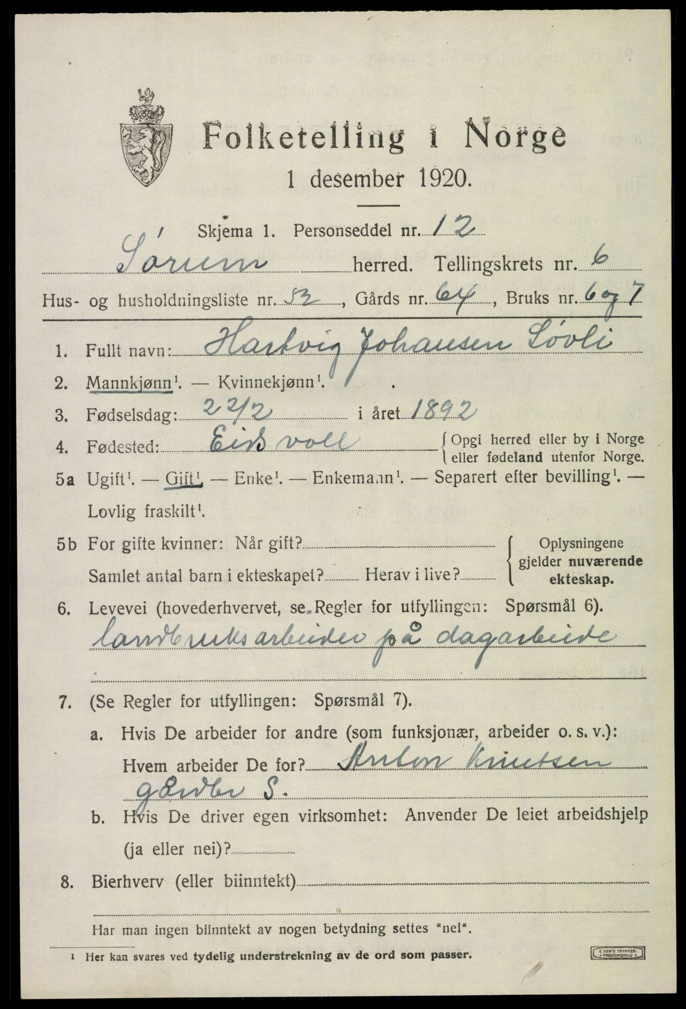 SAO, 1920 census for Sørum, 1920, p. 6109