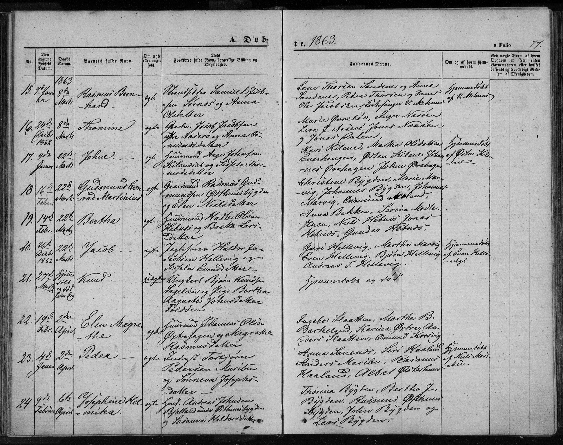 Jelsa sokneprestkontor, AV/SAST-A-101842/01/IV: Parish register (official) no. A 7, 1854-1866, p. 77