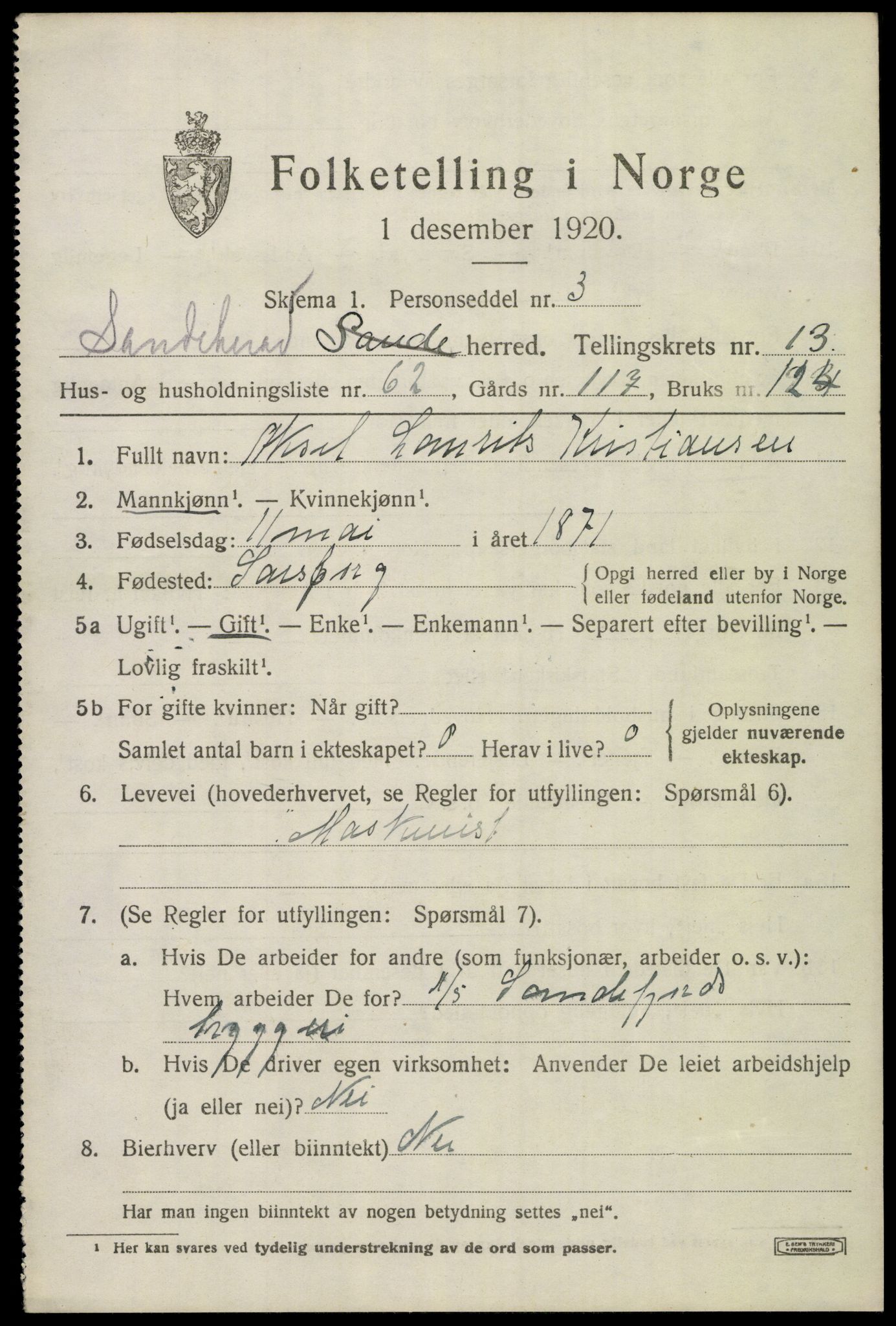 SAKO, 1920 census for Sandeherred, 1920, p. 20154