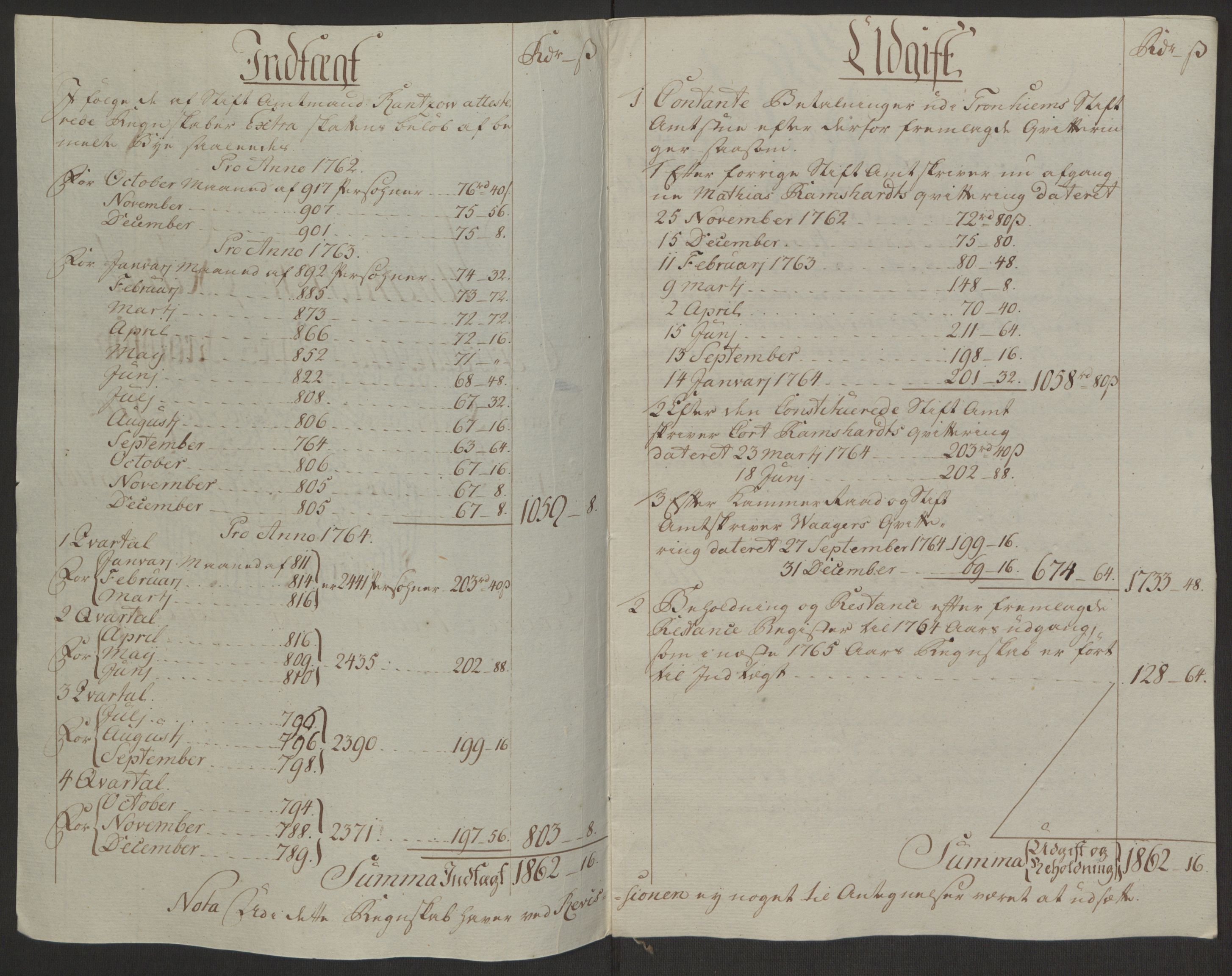 Rentekammeret inntil 1814, Reviderte regnskaper, Byregnskaper, AV/RA-EA-4066/R/Rr/L0495/0004: [R1] Kontribusjonsregnskap / Ekstraskatt, 1762-1772, p. 34