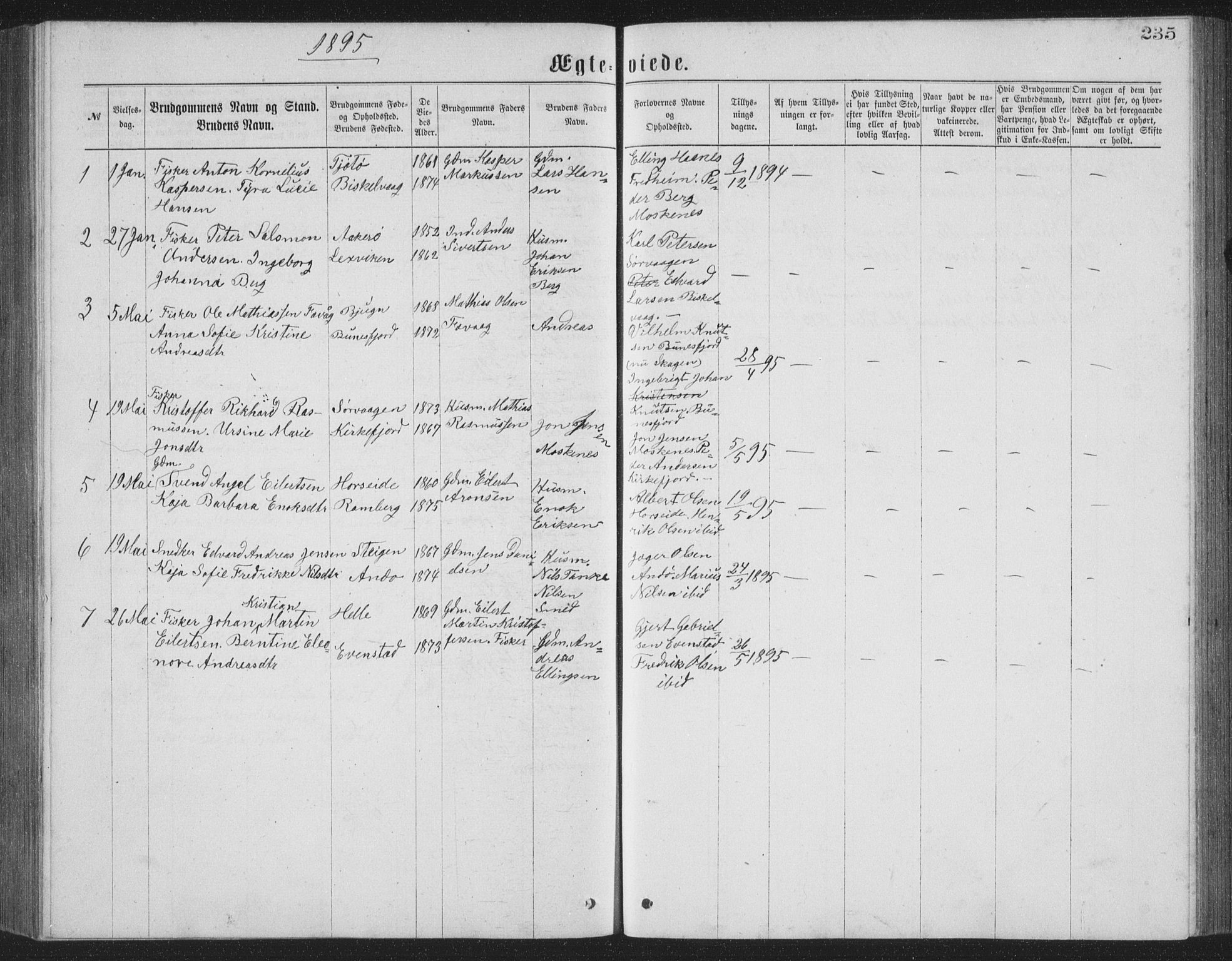 Ministerialprotokoller, klokkerbøker og fødselsregistre - Nordland, AV/SAT-A-1459/886/L1225: Parish register (copy) no. 886C02, 1874-1896, p. 235