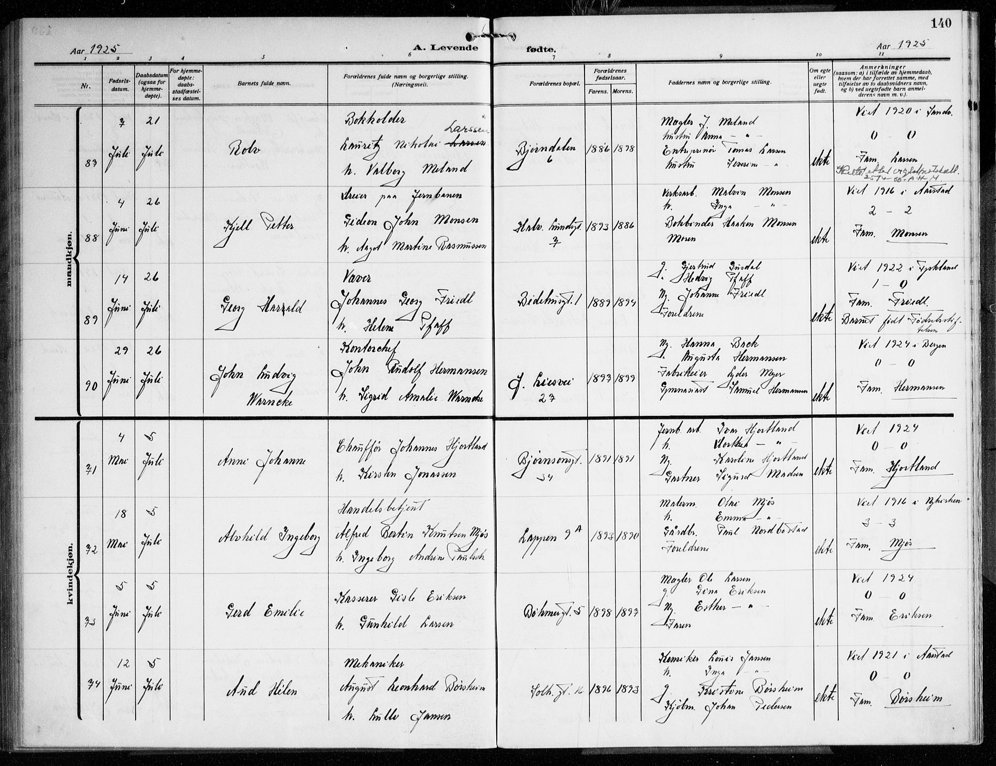 Årstad Sokneprestembete, SAB/A-79301/H/Haa/L0005: Parish register (official) no. A 5, 1923-1925, p. 140