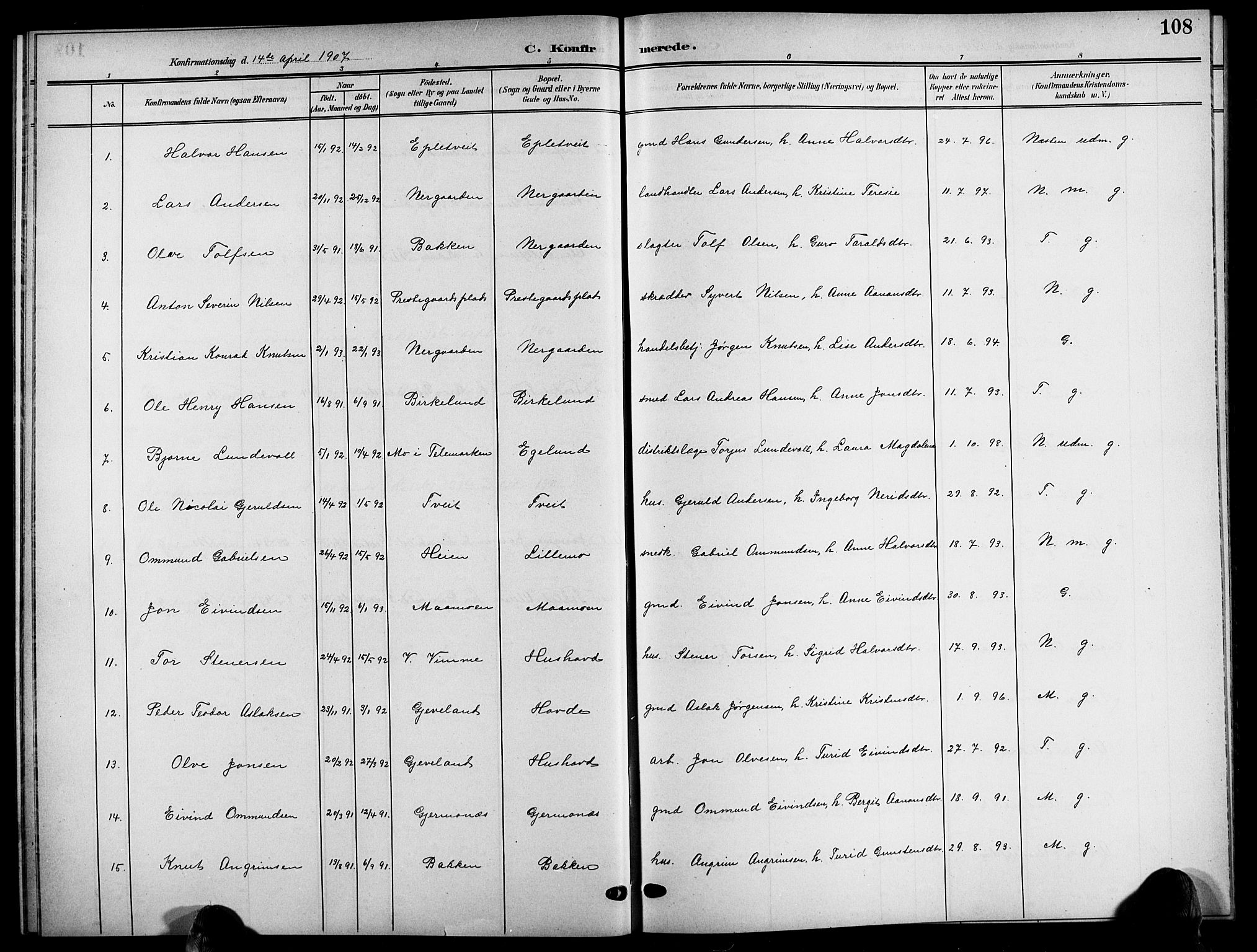 Åmli sokneprestkontor, SAK/1111-0050/F/Fb/Fbc/L0005: Parish register (copy) no. B 5, 1903-1916, p. 108