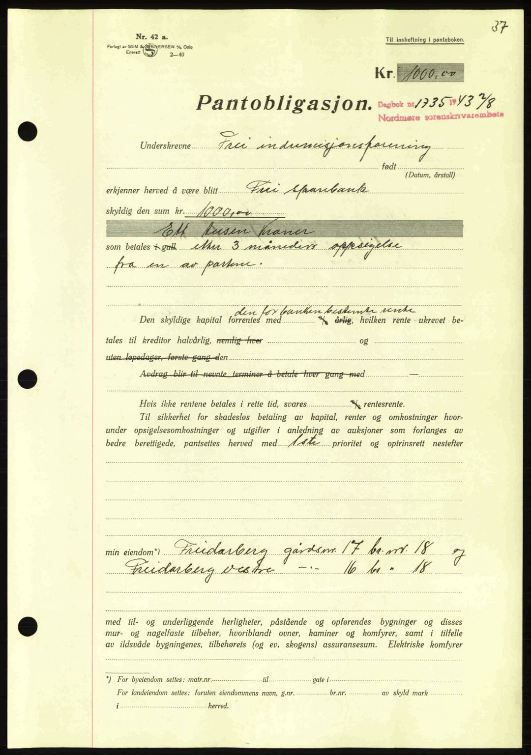 Nordmøre sorenskriveri, AV/SAT-A-4132/1/2/2Ca: Mortgage book no. B91, 1943-1944, Diary no: : 1735/1943