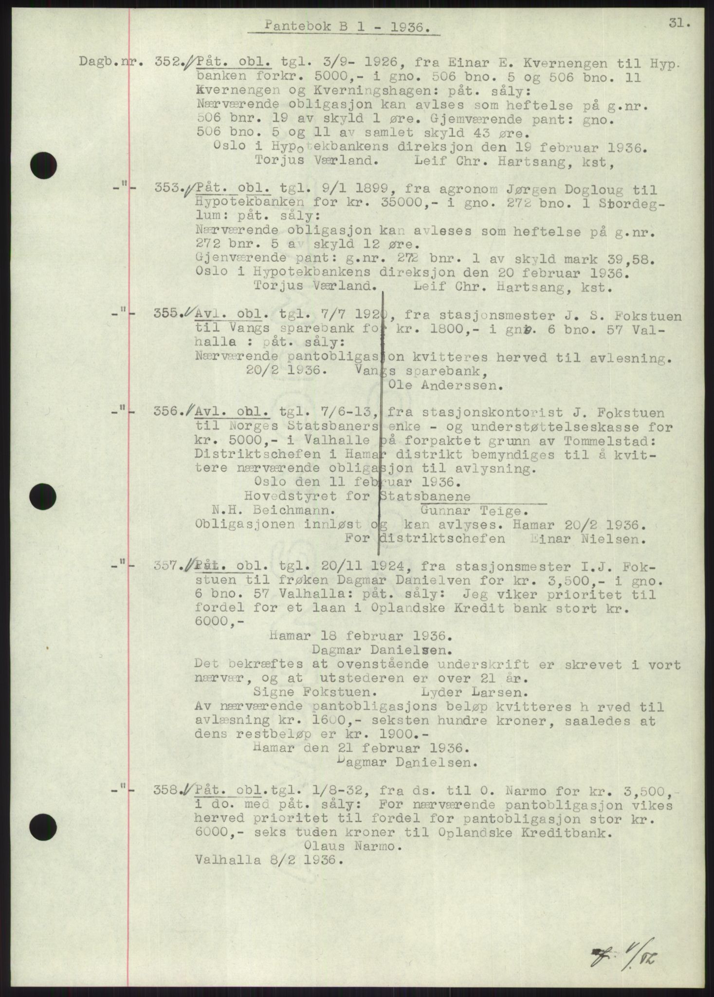 Nord-Hedmark sorenskriveri, AV/SAH-TING-012/H/Hb/Hbf/L0001: Mortgage book no. B1, 1936-1936, Diary no: : 352/1936