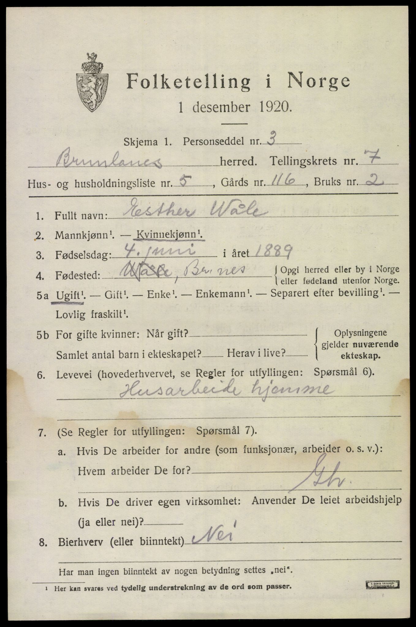 SAKO, 1920 census for Brunlanes, 1920, p. 7131